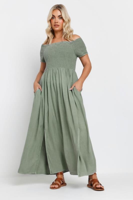 YOURS Curve Sage Green Shirred Bardot Chambray Maxi Dress