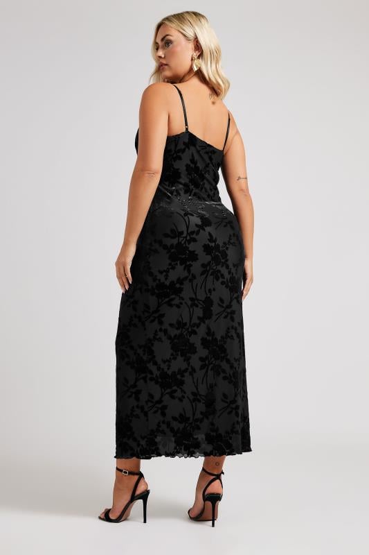 YOURS LONDON Curve Black Velour Floral Midaxi Slip Dress