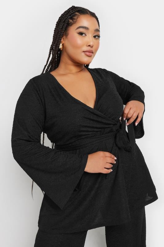 YOURS Curve Black Textured Flare Sleeve Wrap Top