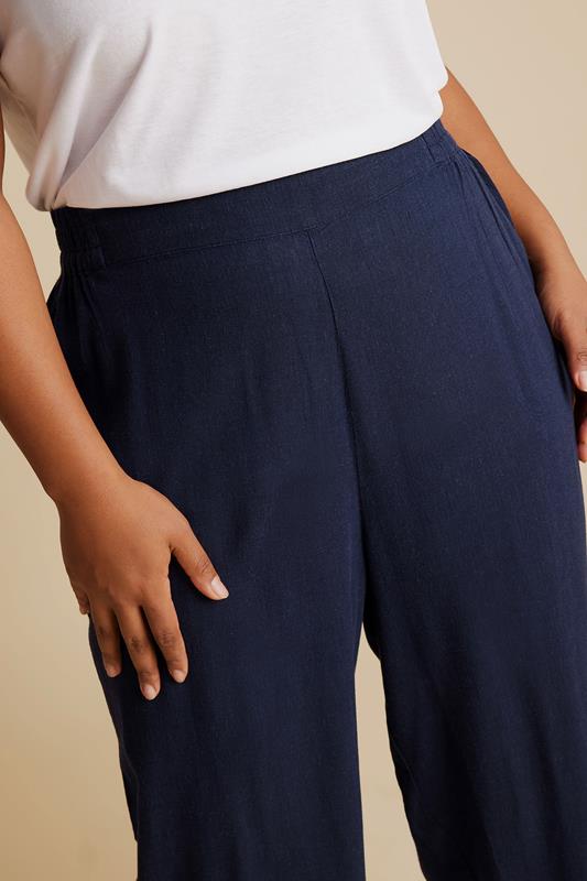YOURS Curve Navy Blue Linen Cropped Wide Leg Trousers