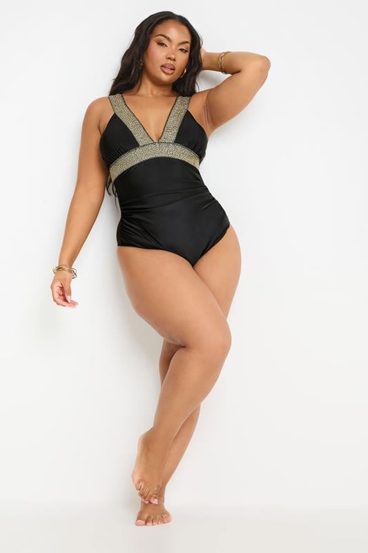 YOURS Curve Black Metallic Tummy Control Swimsuit