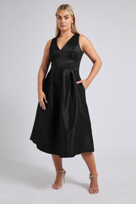 YOURS LONDON Curve Black Pleated V-Neck Midi Prom Dress
