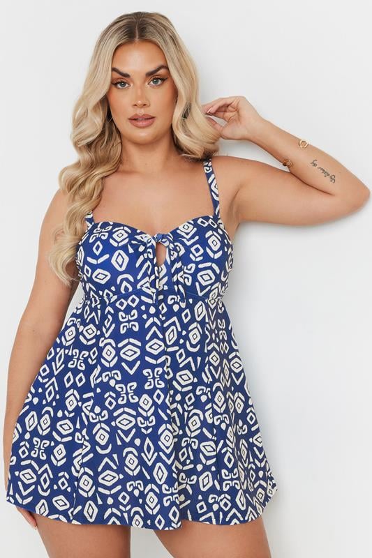 YOURS Curve Blue Abstract Print Tie Front Swimdress