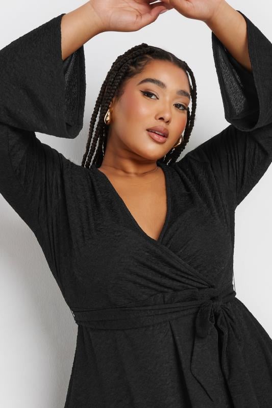 YOURS Curve Black Textured Flare Sleeve Wrap Top