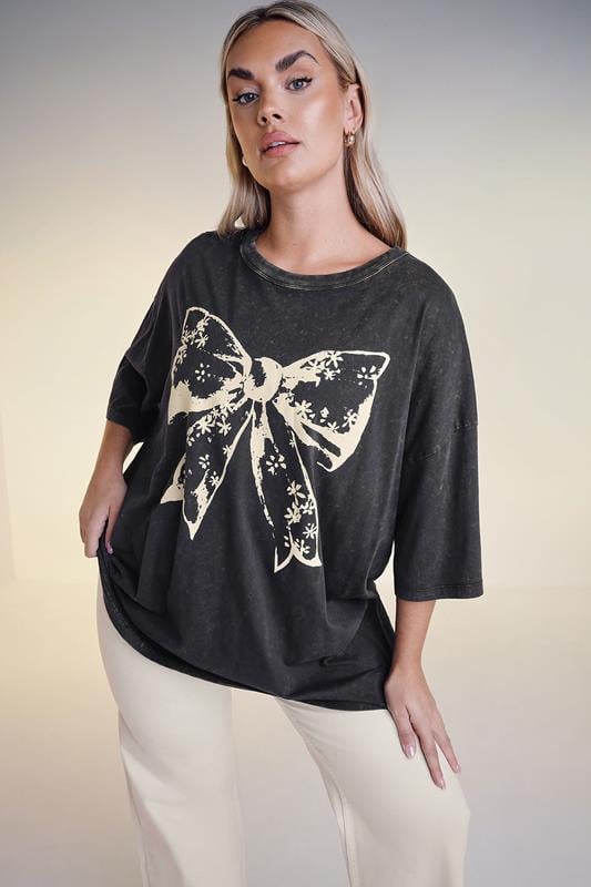 YOURS Curve Black Acid Wash Boxy Bow Graphic Print T-Shirt