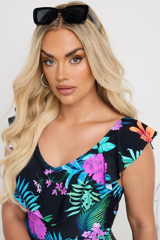 YOURS Curve Black Tropical Palm Print Frilled Premium Swimsuit