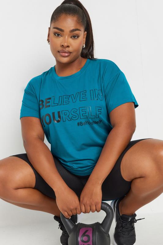 YOURS ACTIVE Curve Blue 'Believe In Yourself' Slogan Print Top