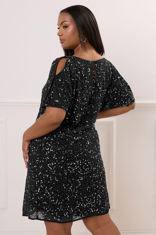 LUXE Curve Black Sequin Hand Embellished Cold Shoulder Cape Dress
