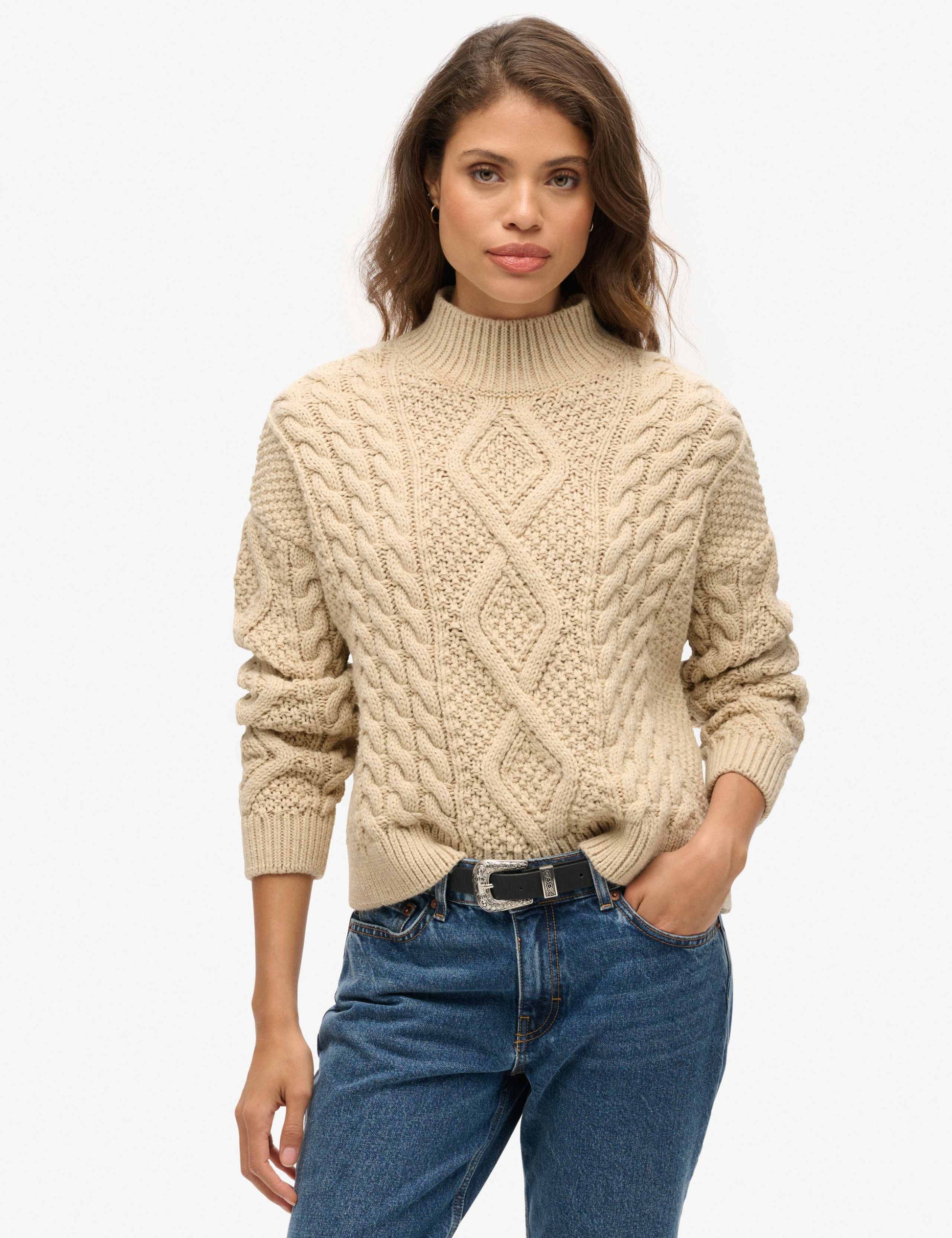 M&S Cable Knit Funnel Neck Jumper with Wool