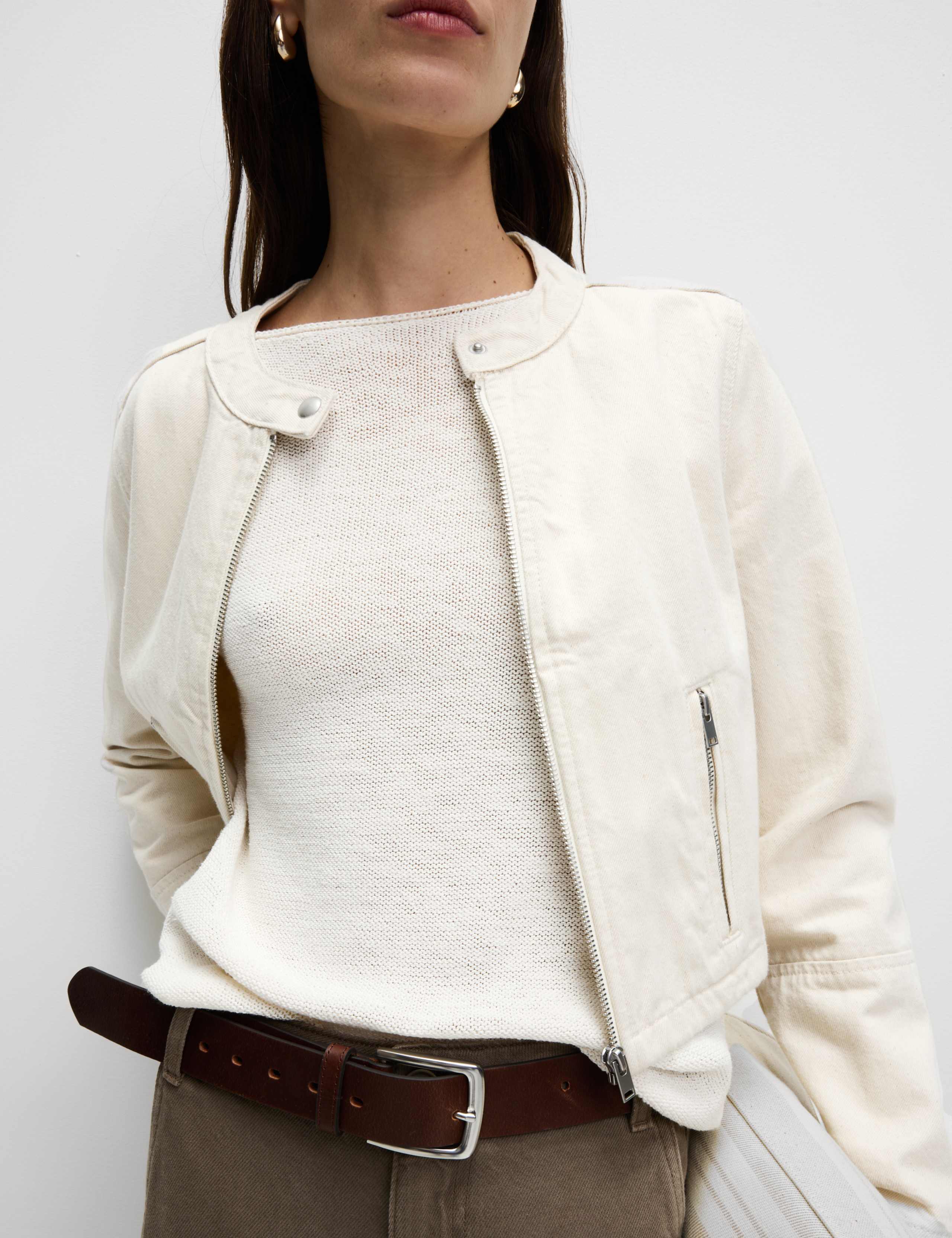 M&S Cotton Blend Textured Crew Neck Jumper - Light Natural