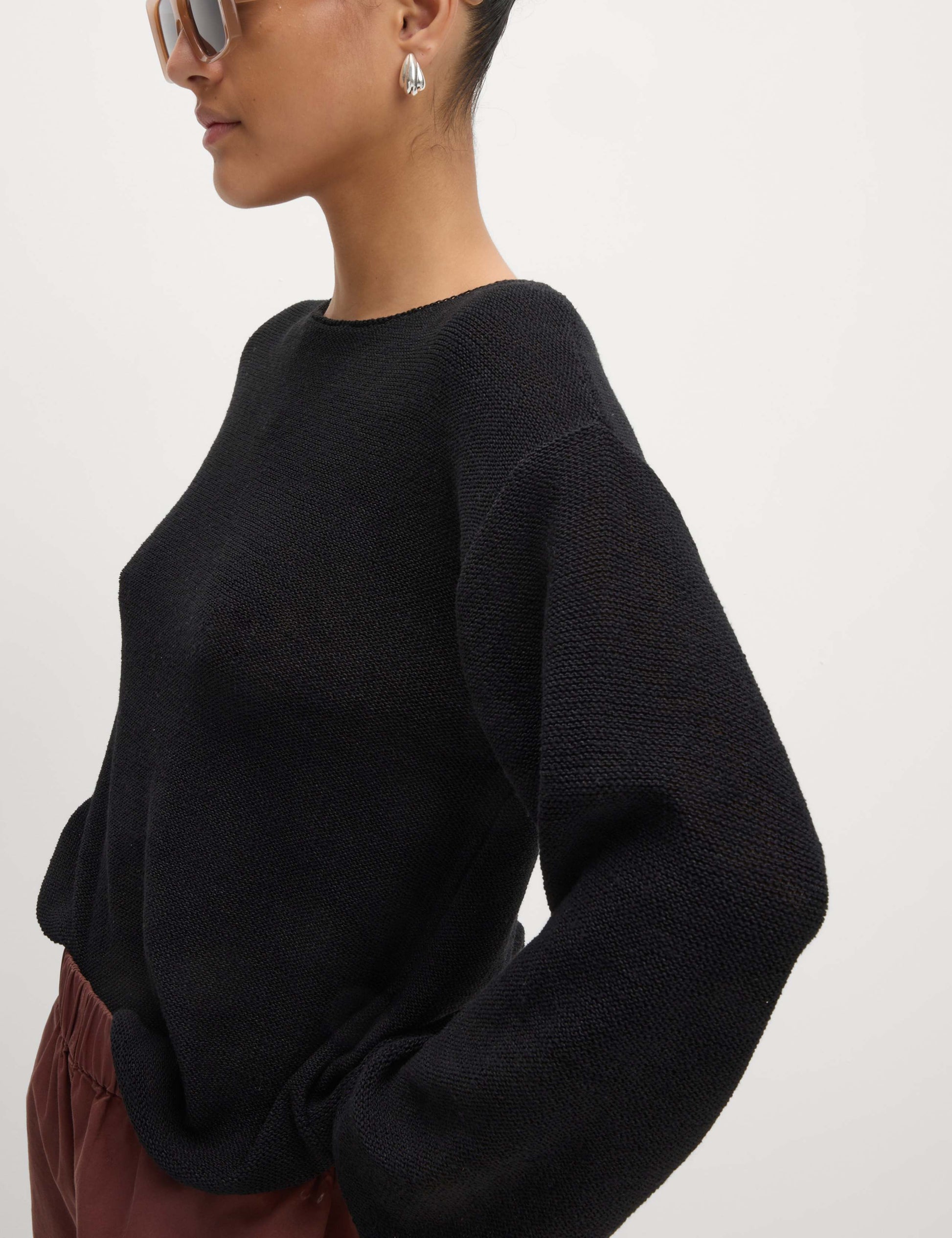 M&S Cotton Blend Textured Crew Neck Jumper - Black