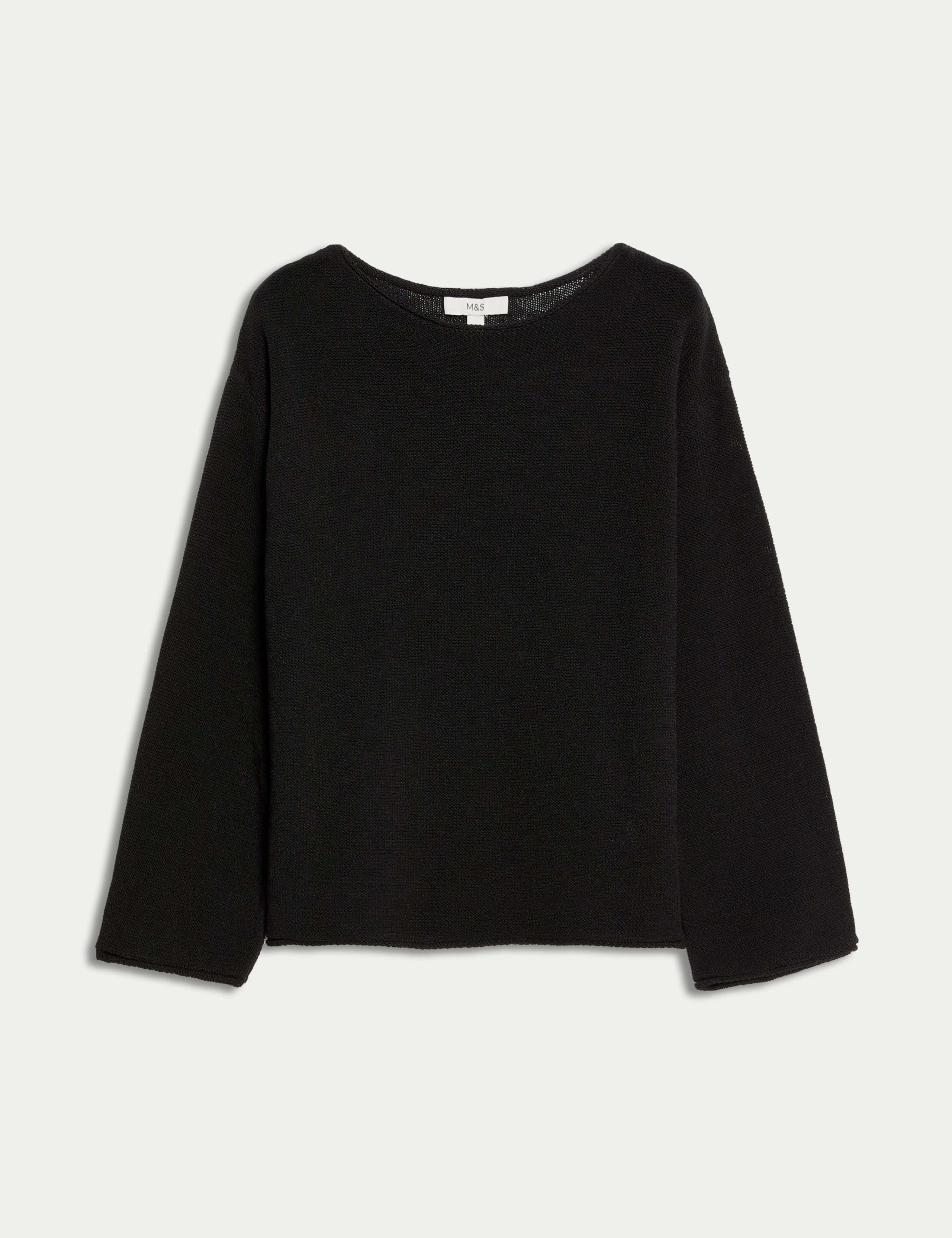 M&S Cotton Blend Textured Crew Neck Jumper - Black