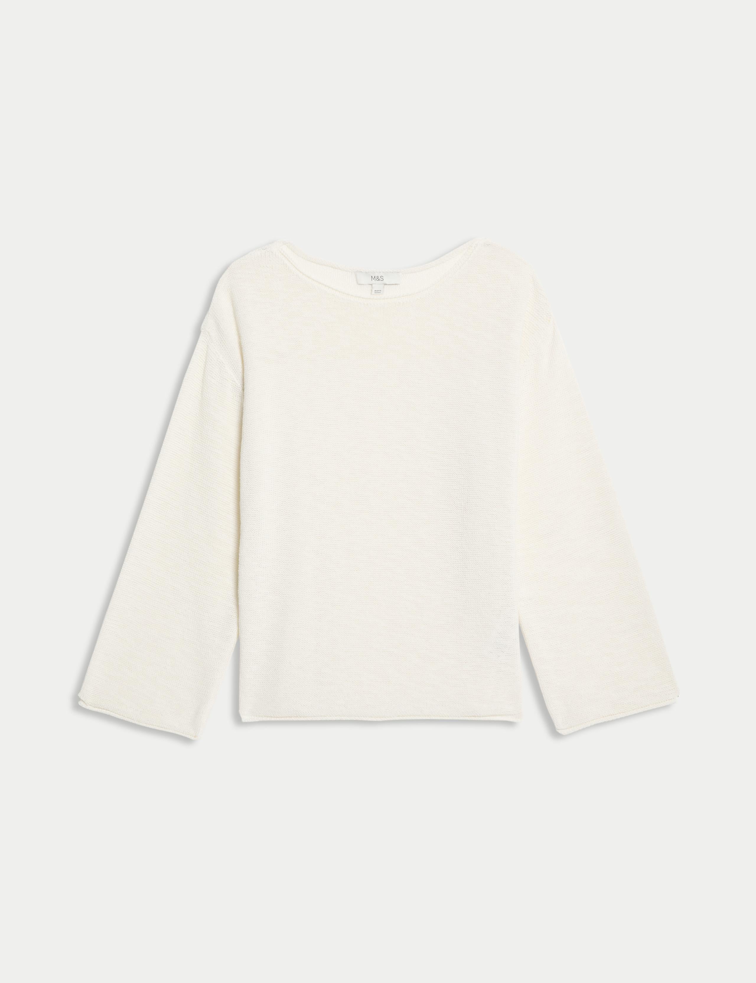 M&S Cotton Blend Textured Crew Neck Jumper - Light Natural