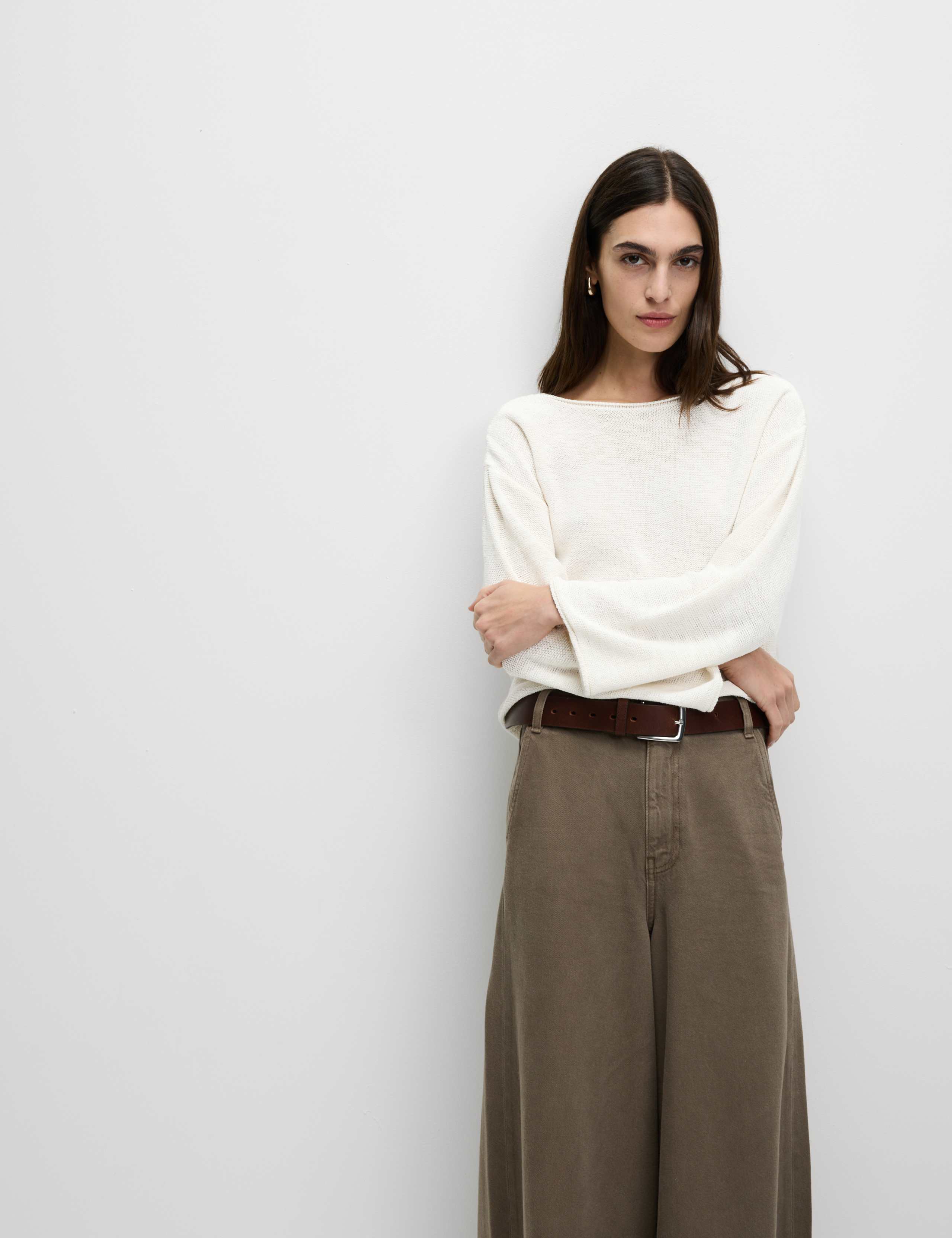 M&S Cotton Blend Textured Crew Neck Jumper - Light Natural