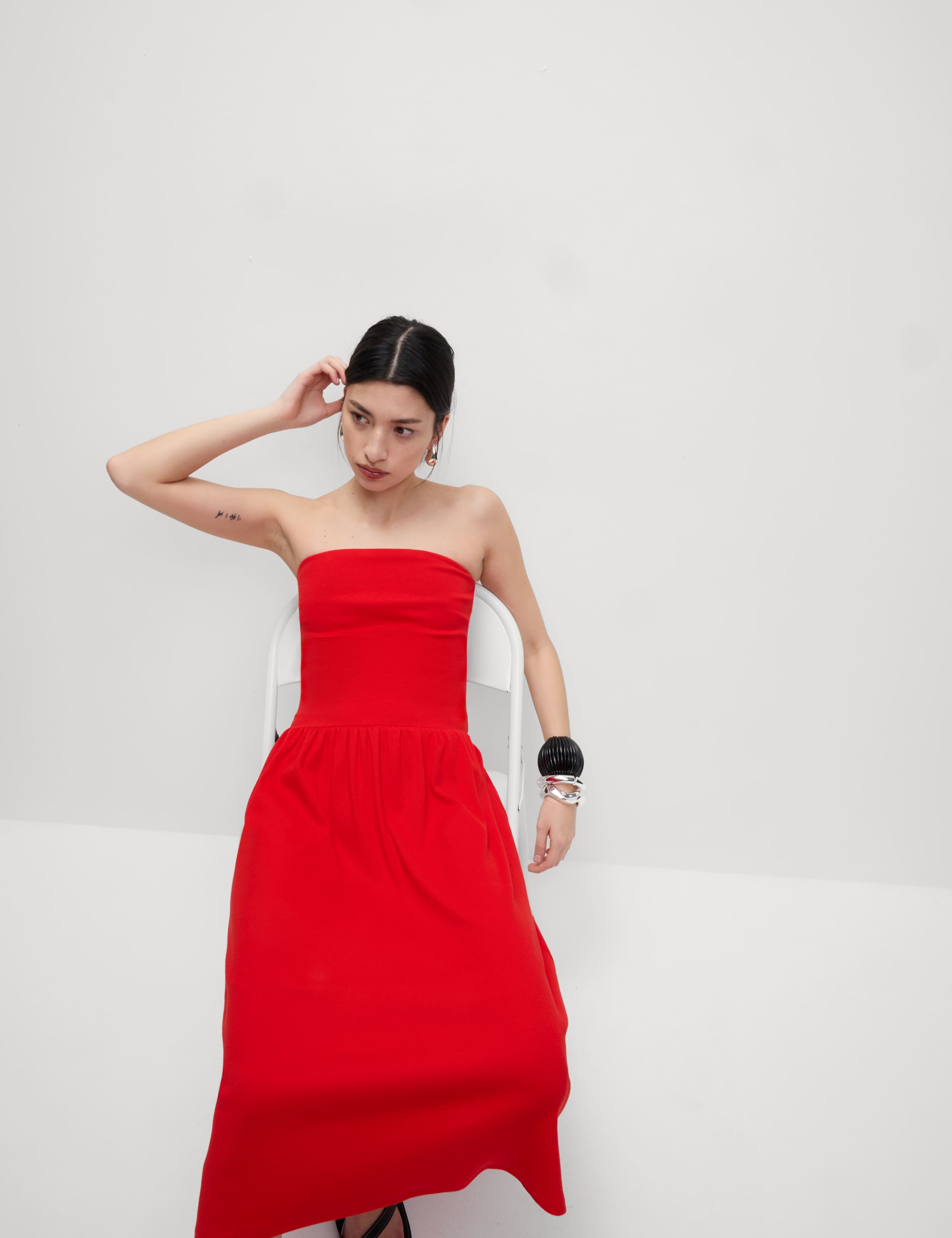 Cotton Rich Bandeau Midi Drop Waist Dress