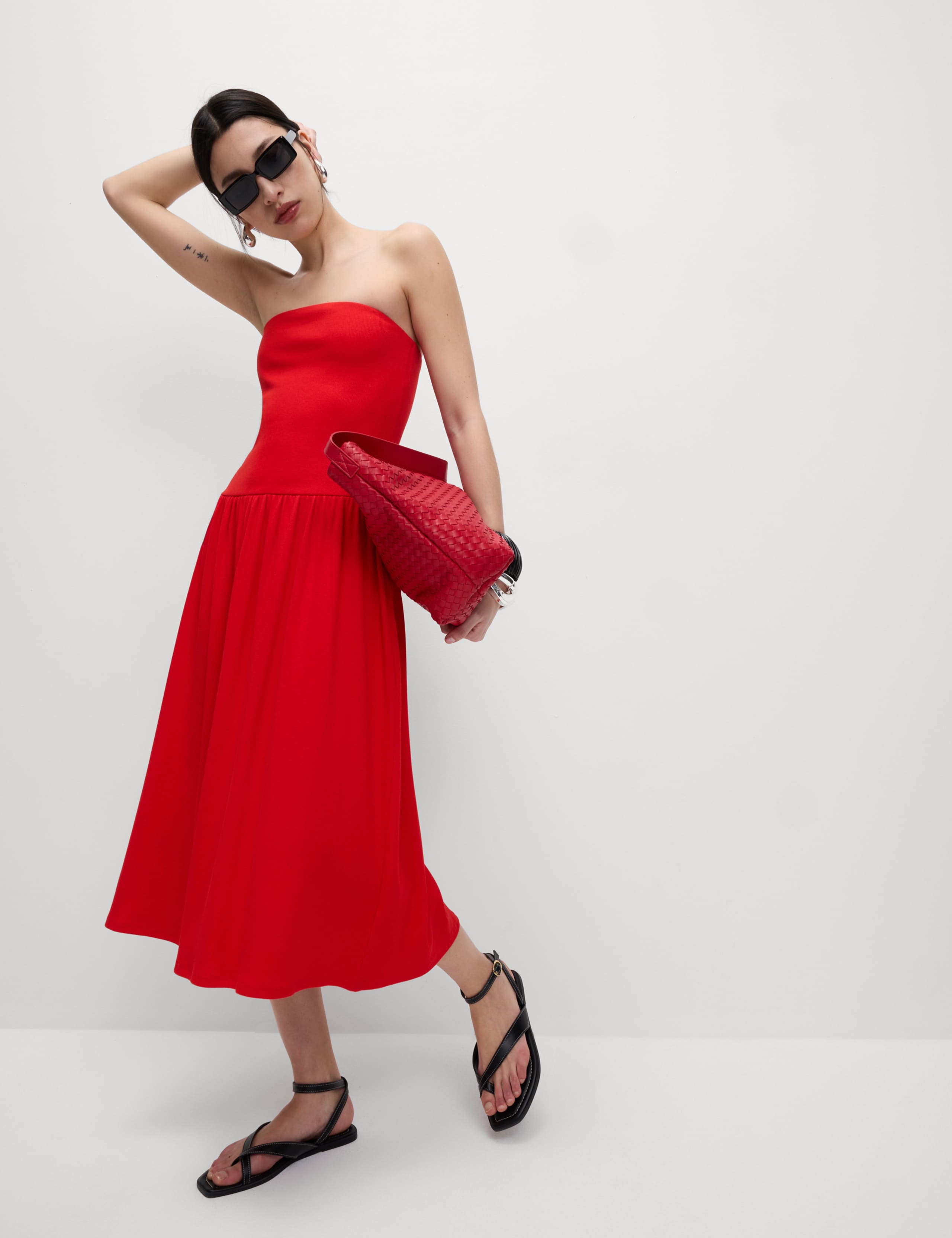 Cotton Rich Bandeau Midi Drop Waist Dress