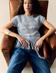 M&S Cotton Rich Crew Neck Fringe Oversized Jumper - Blue Tint