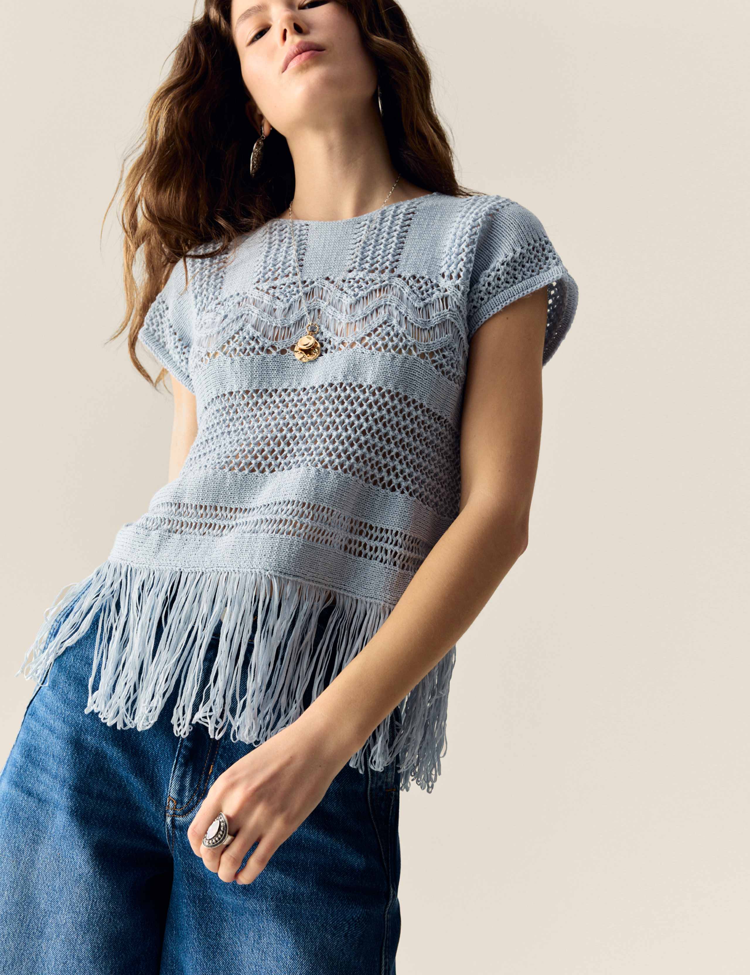 M&S Cotton Rich Crew Neck Fringe Oversized Jumper - Blue Tint