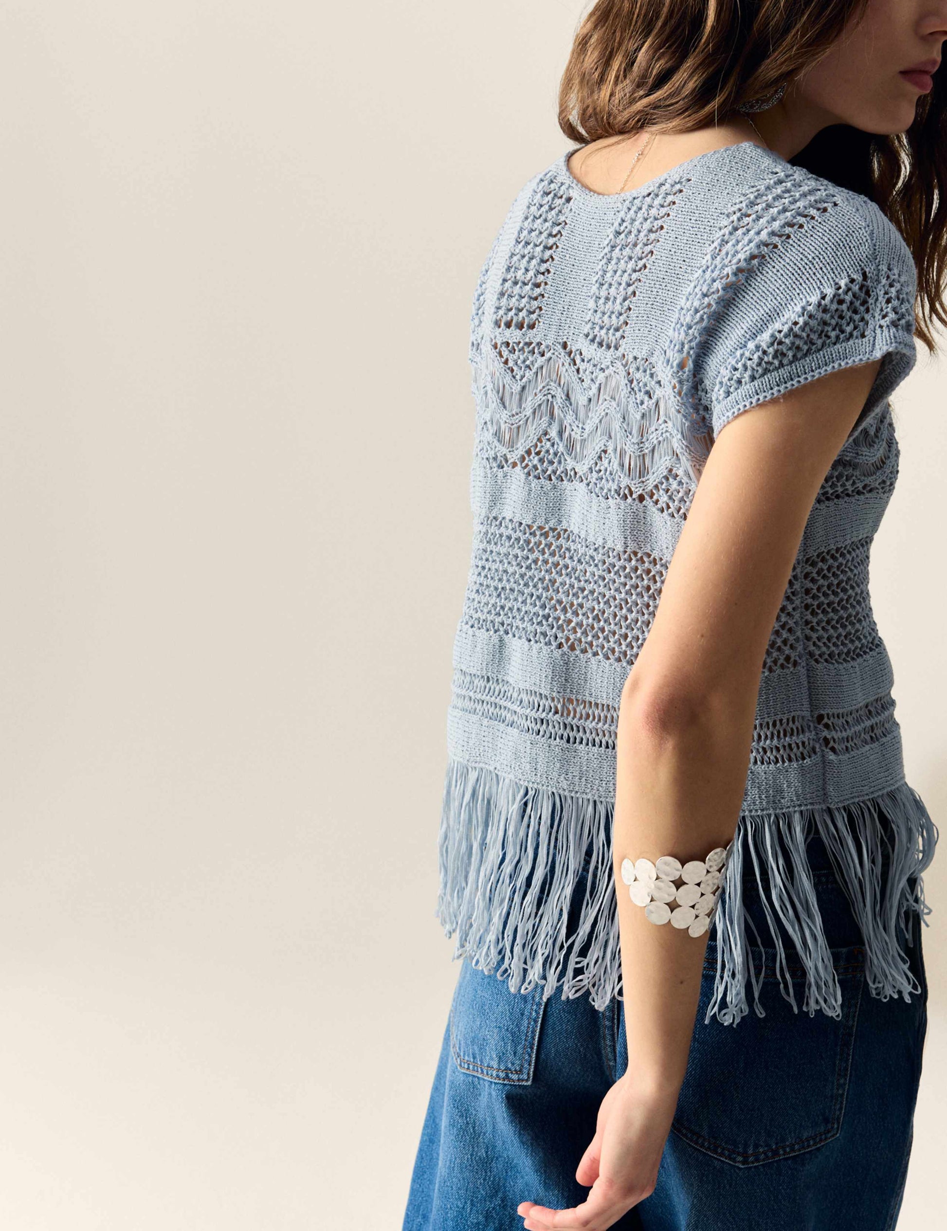 M&S Cotton Rich Crew Neck Fringe Oversized Jumper - Blue Tint