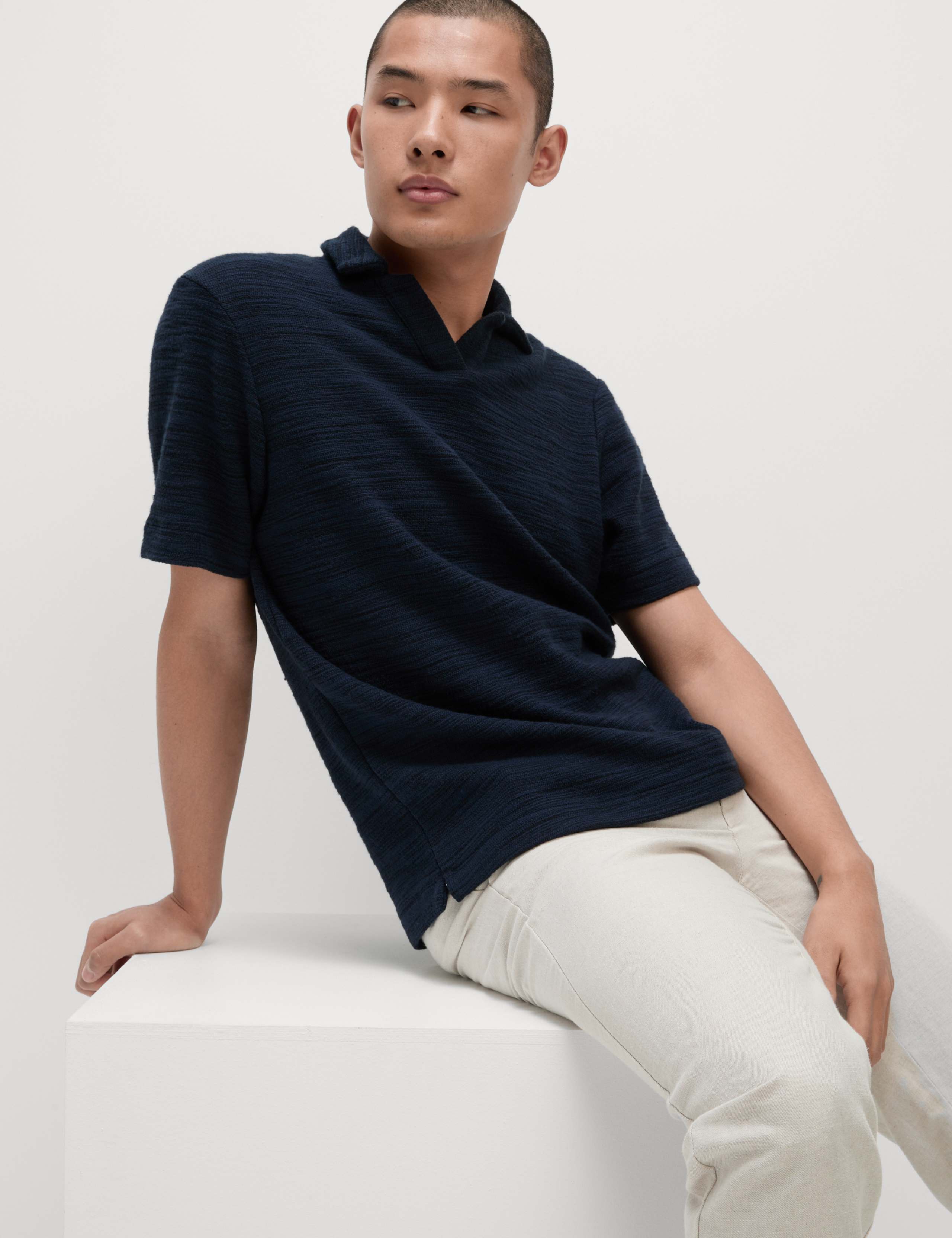 Cotton Rich Textured Polo Shirt - Dark Navy