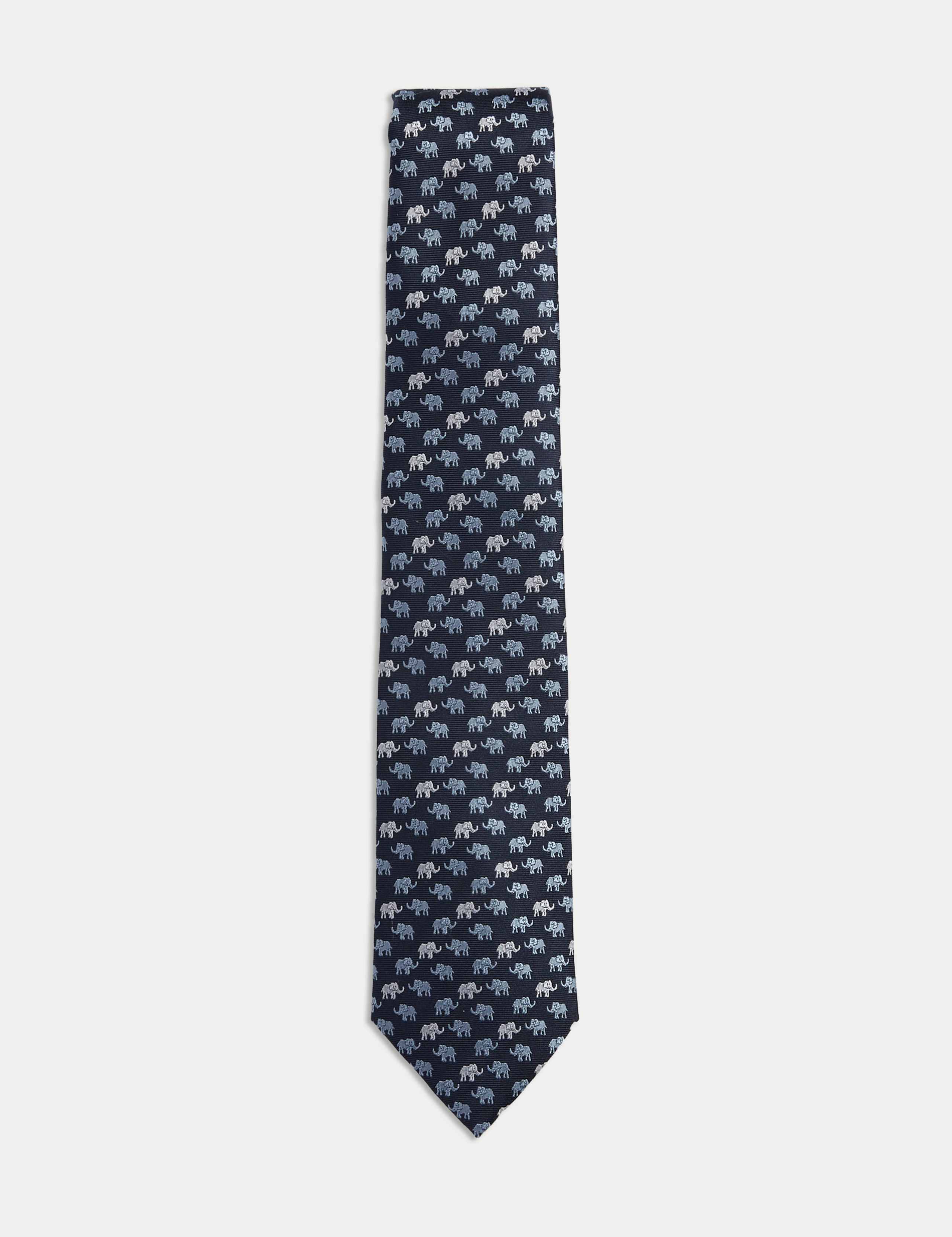 Elephant Print Pure Silk Tie - Blue