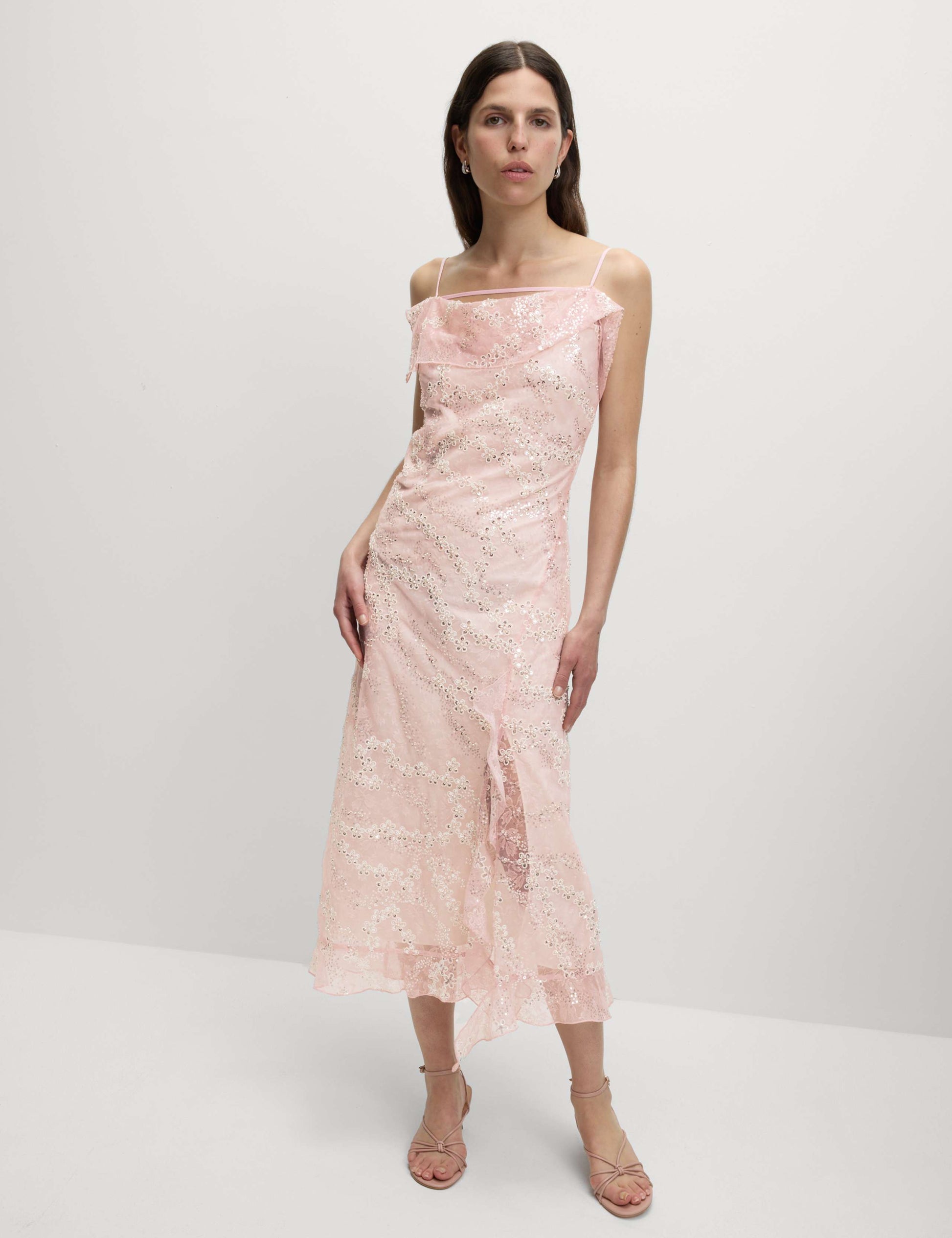Embellished Lace Frill Midaxi Column Dress