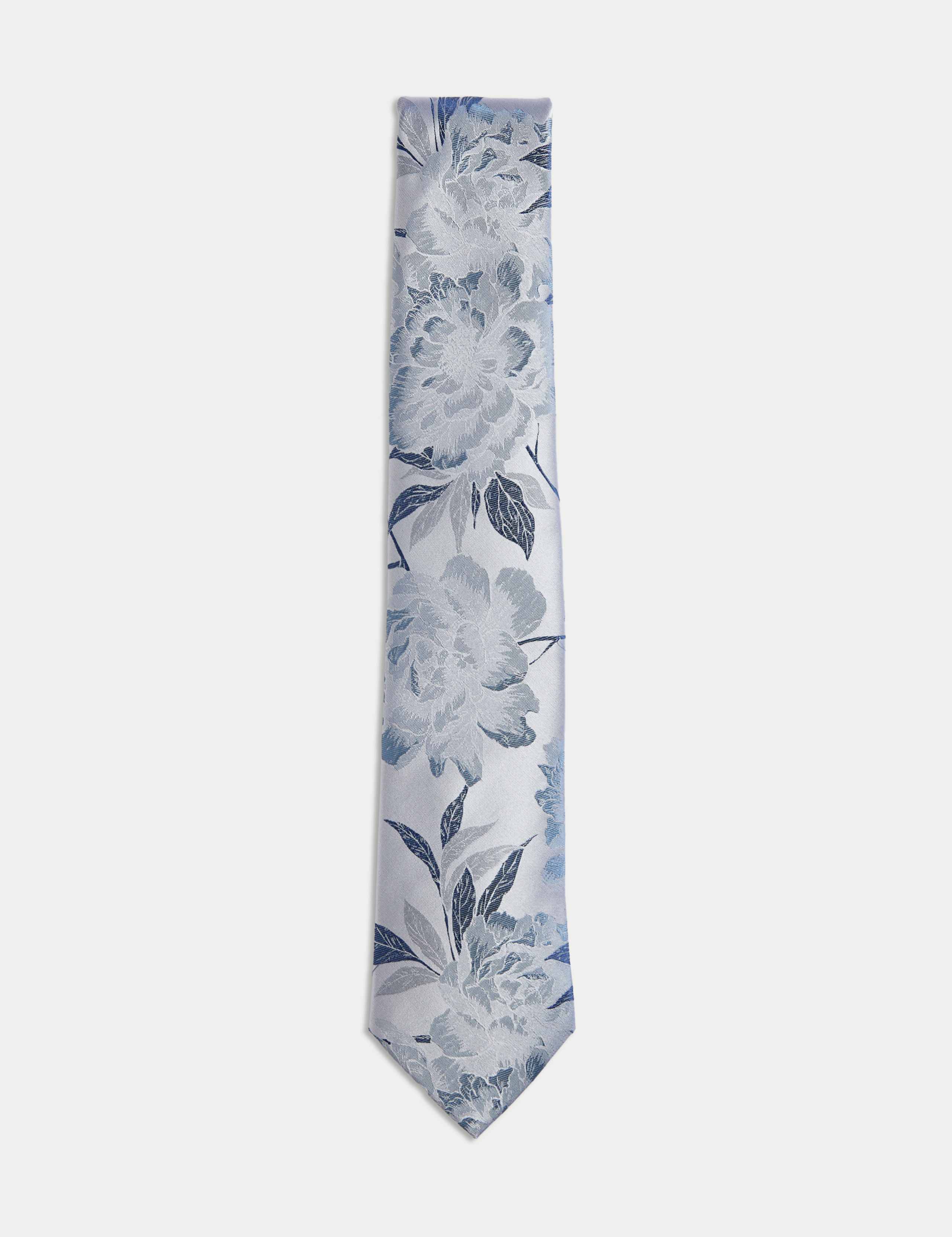 Floral Pure Silk Tie - Mid Blue