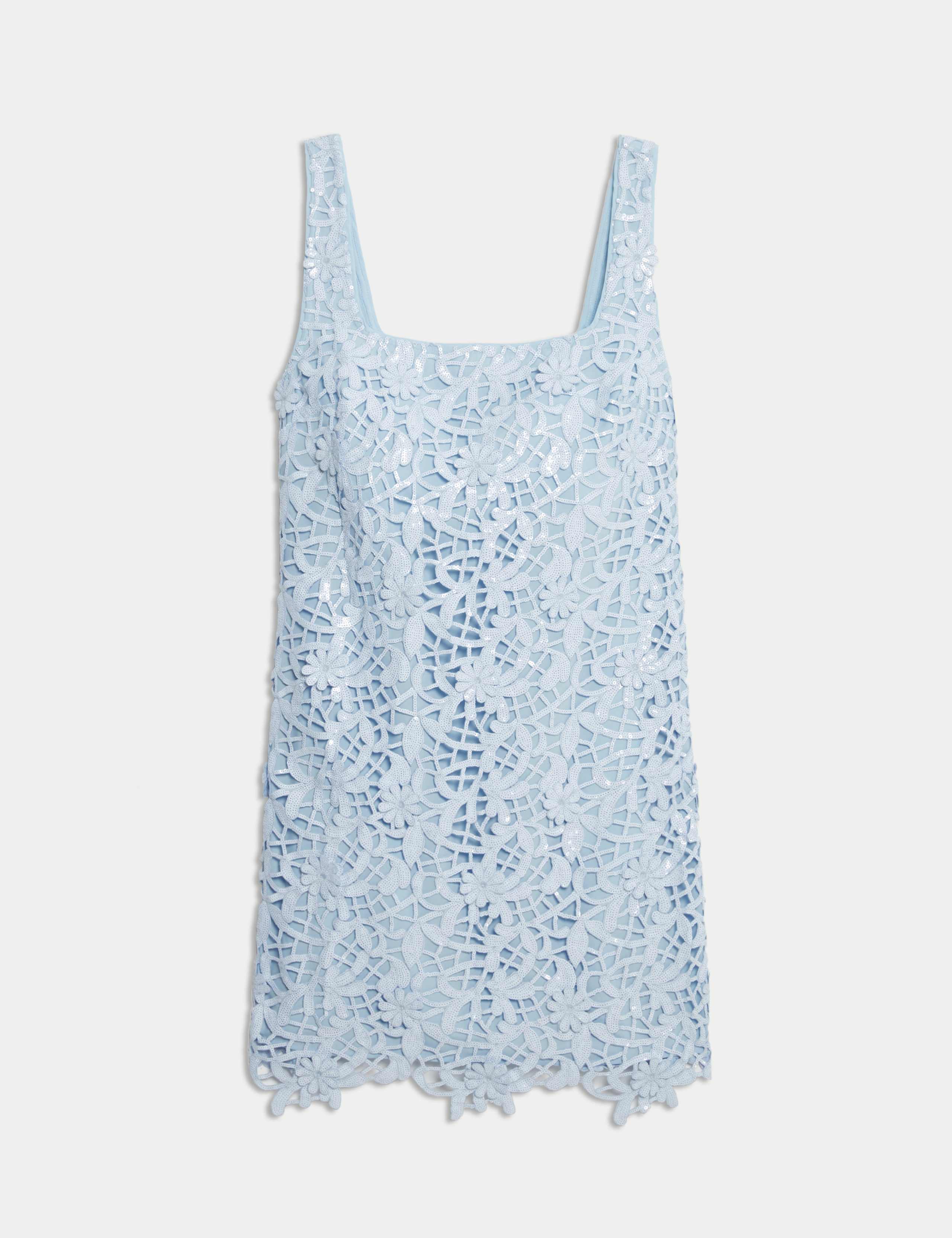 Floral Sequin Square Neck Cutwork Detail Mini Column Dress