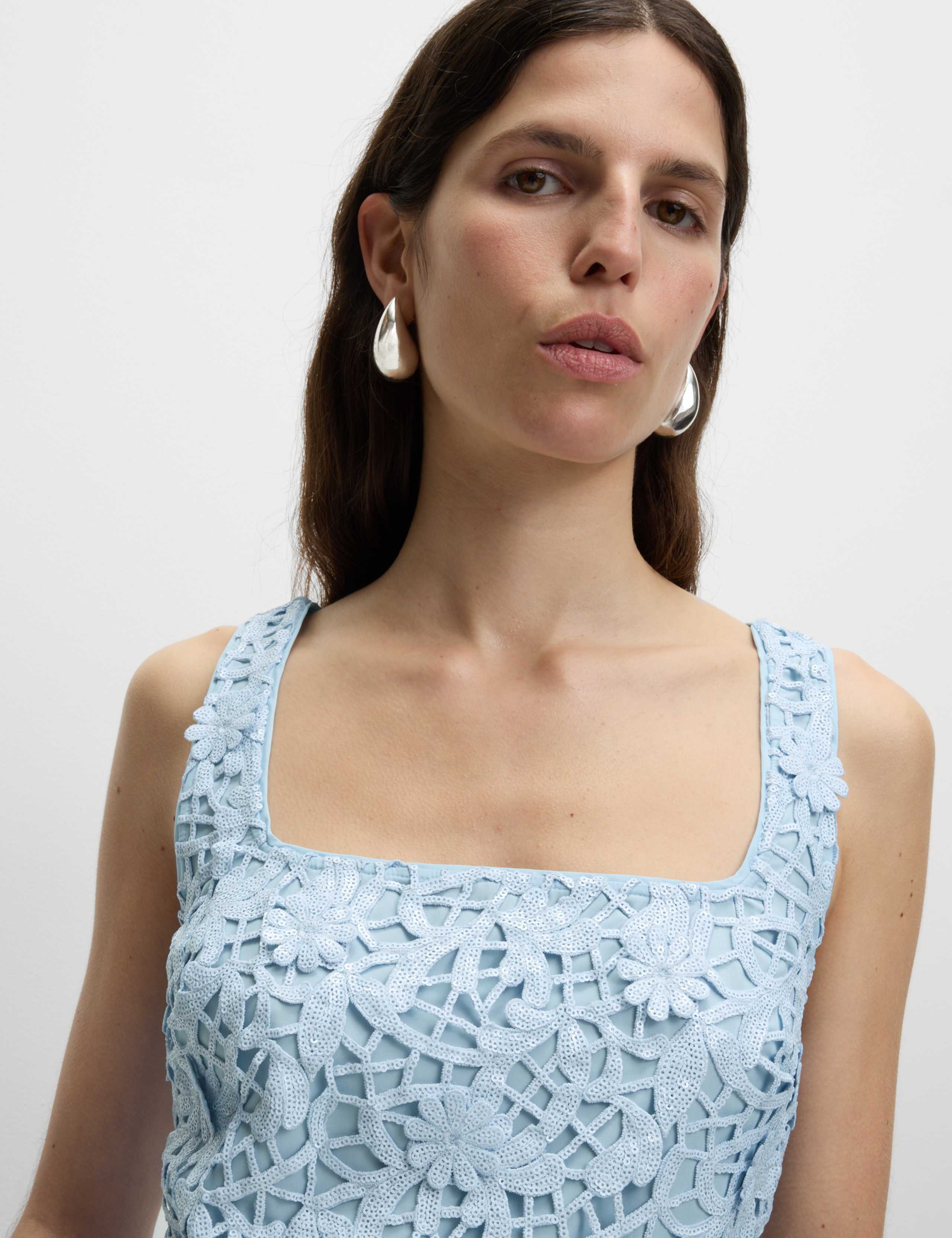 Floral Sequin Square Neck Cutwork Detail Mini Column Dress