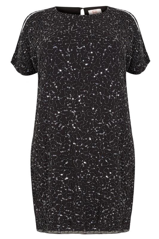 LUXE Curve Black Sequin Hand Embellished Cold Shoulder Cape Dress