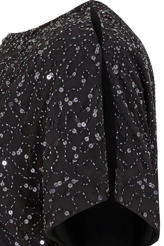 LUXE Curve Black Sequin Hand Embellished Cold Shoulder Cape Dress