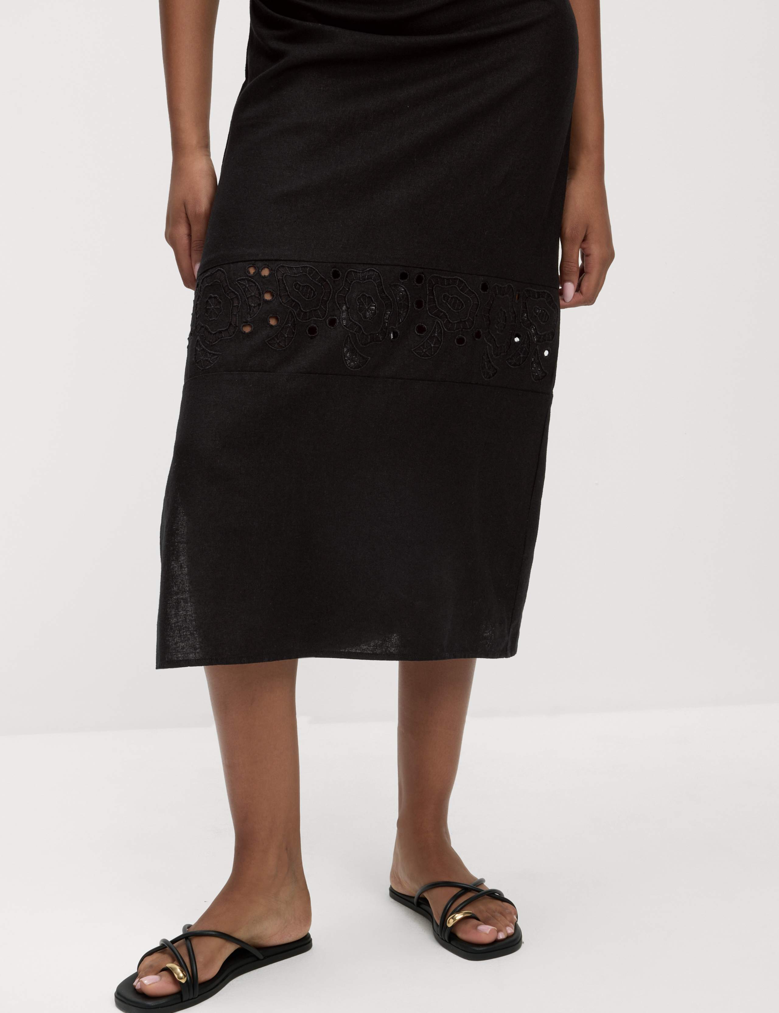 Linen Rich Broderie Midi Shift Dress