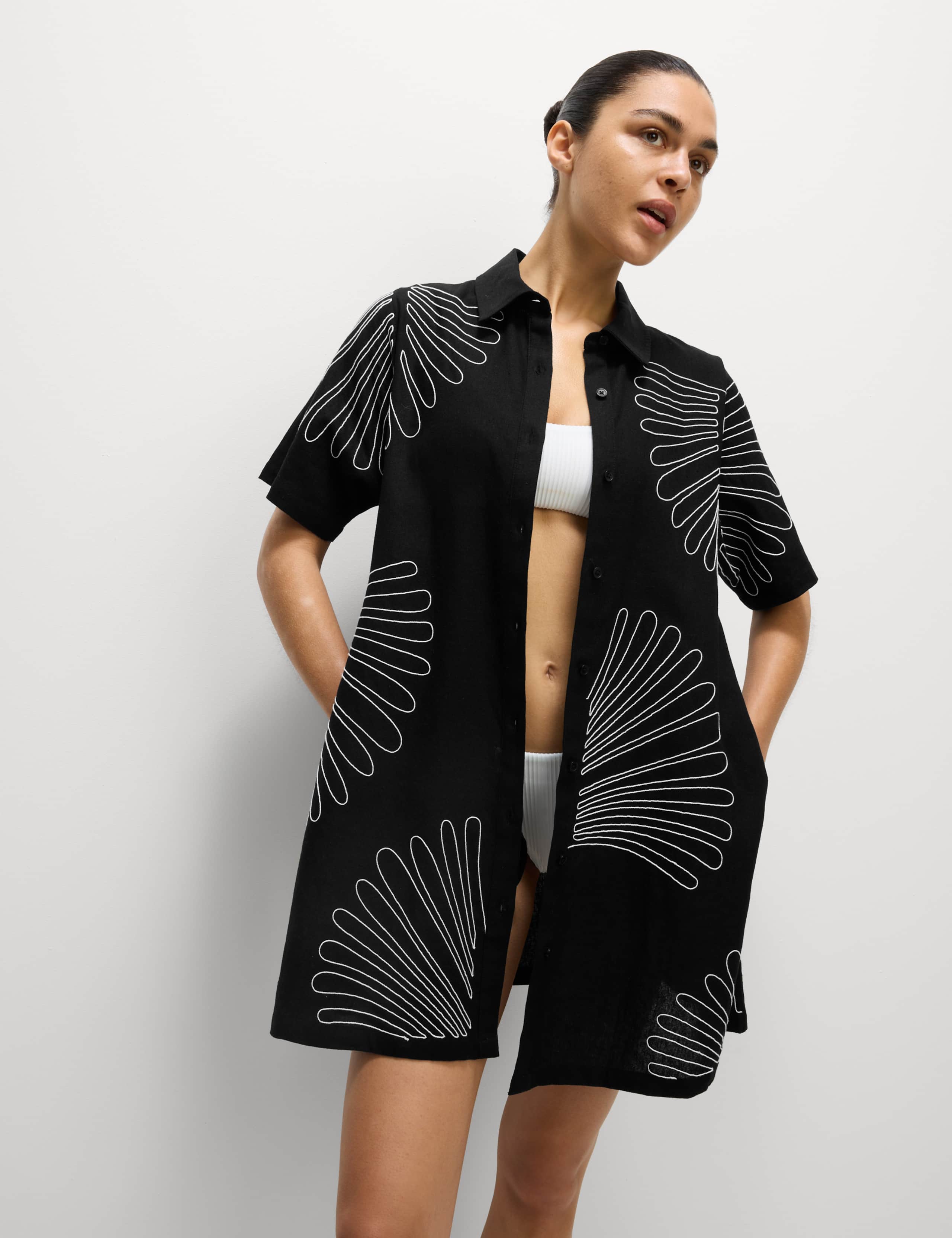 Linen Rich Embroidered Mini Shirt Dress