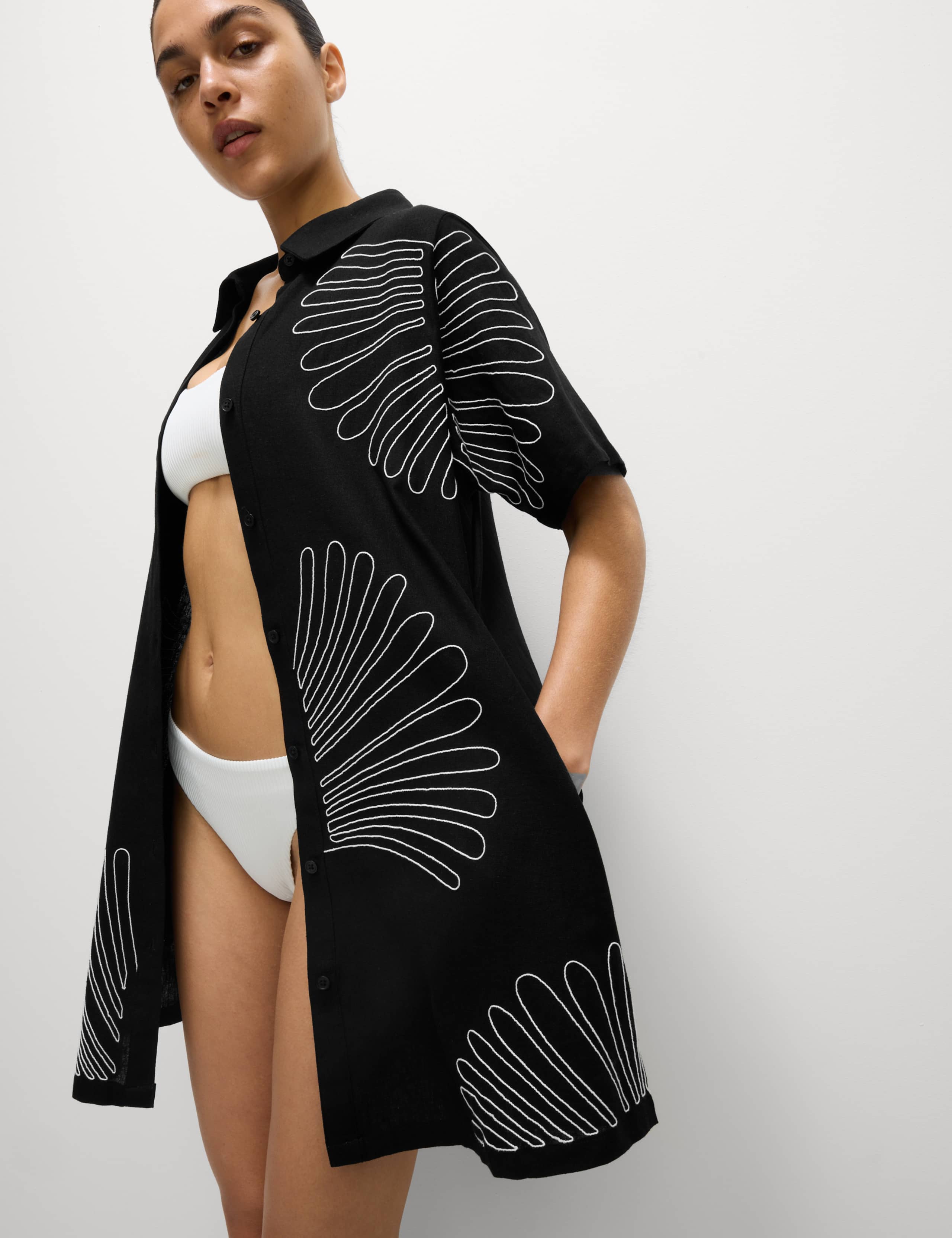 Linen Rich Embroidered Mini Shirt Dress