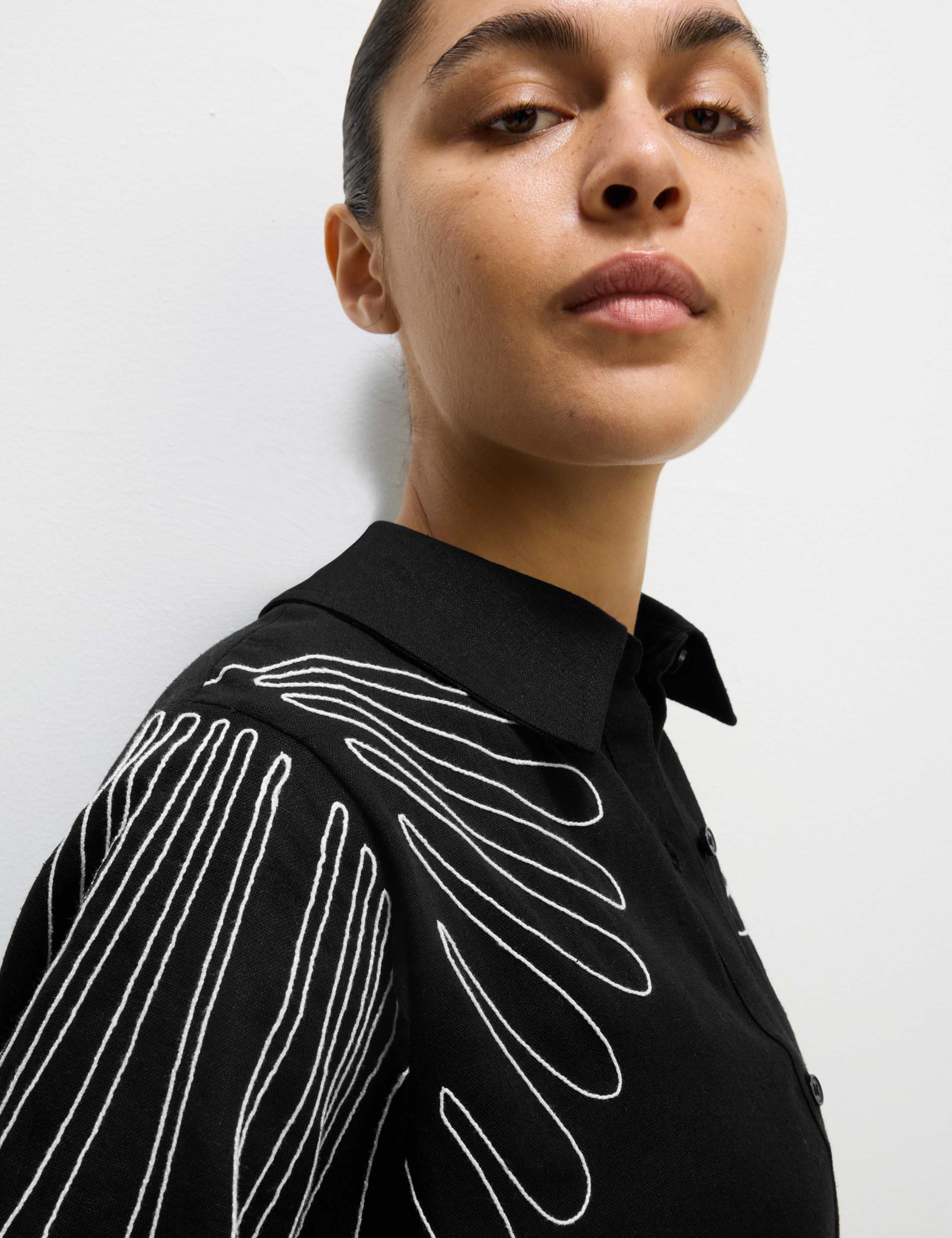 Linen Rich Embroidered Mini Shirt Dress