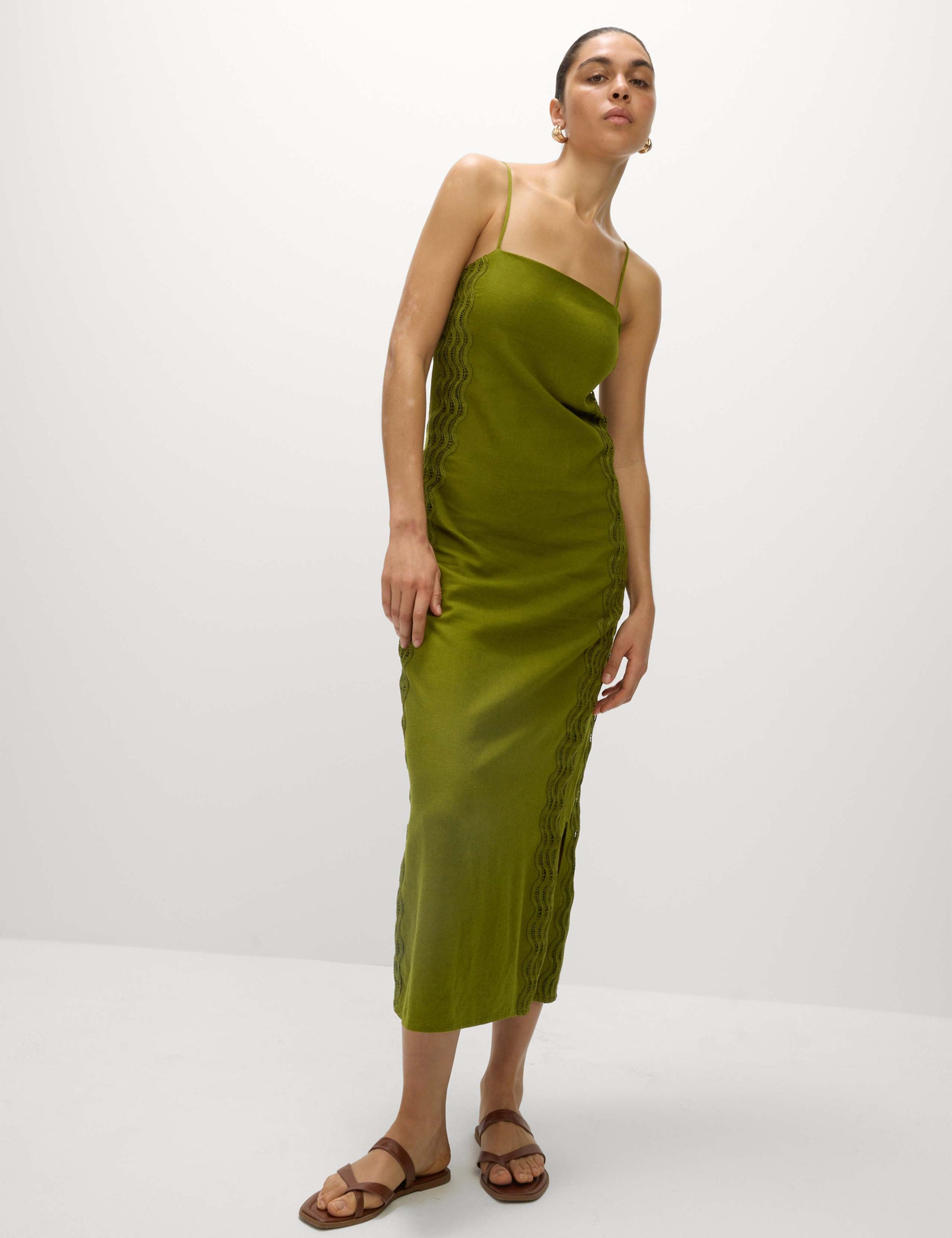 Linen Rich Square Neck Strappy Midi Shift Dress