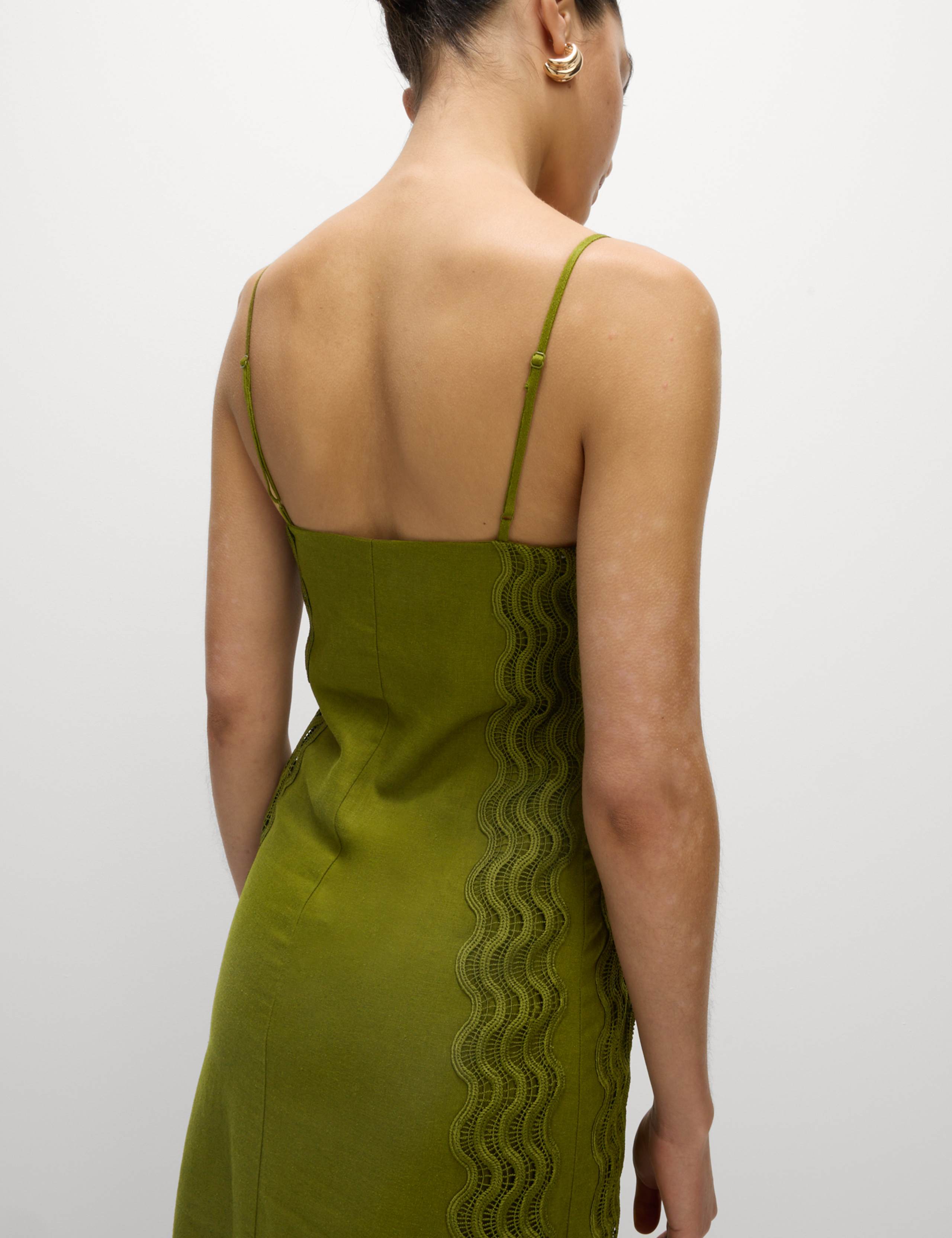 Linen Rich Square Neck Strappy Midi Shift Dress