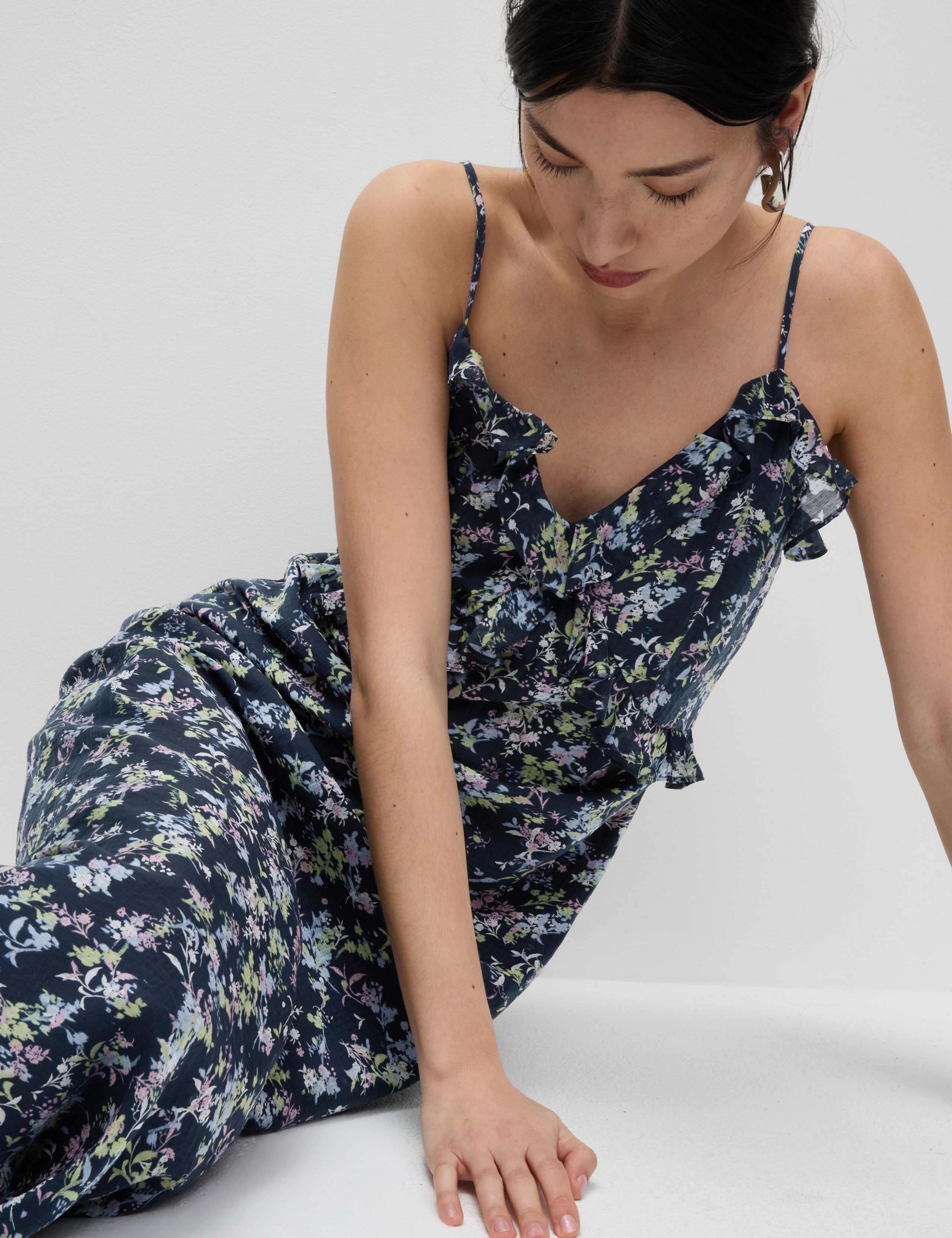 Lyocell Rich Printed Ruffle Midi Cami Dress