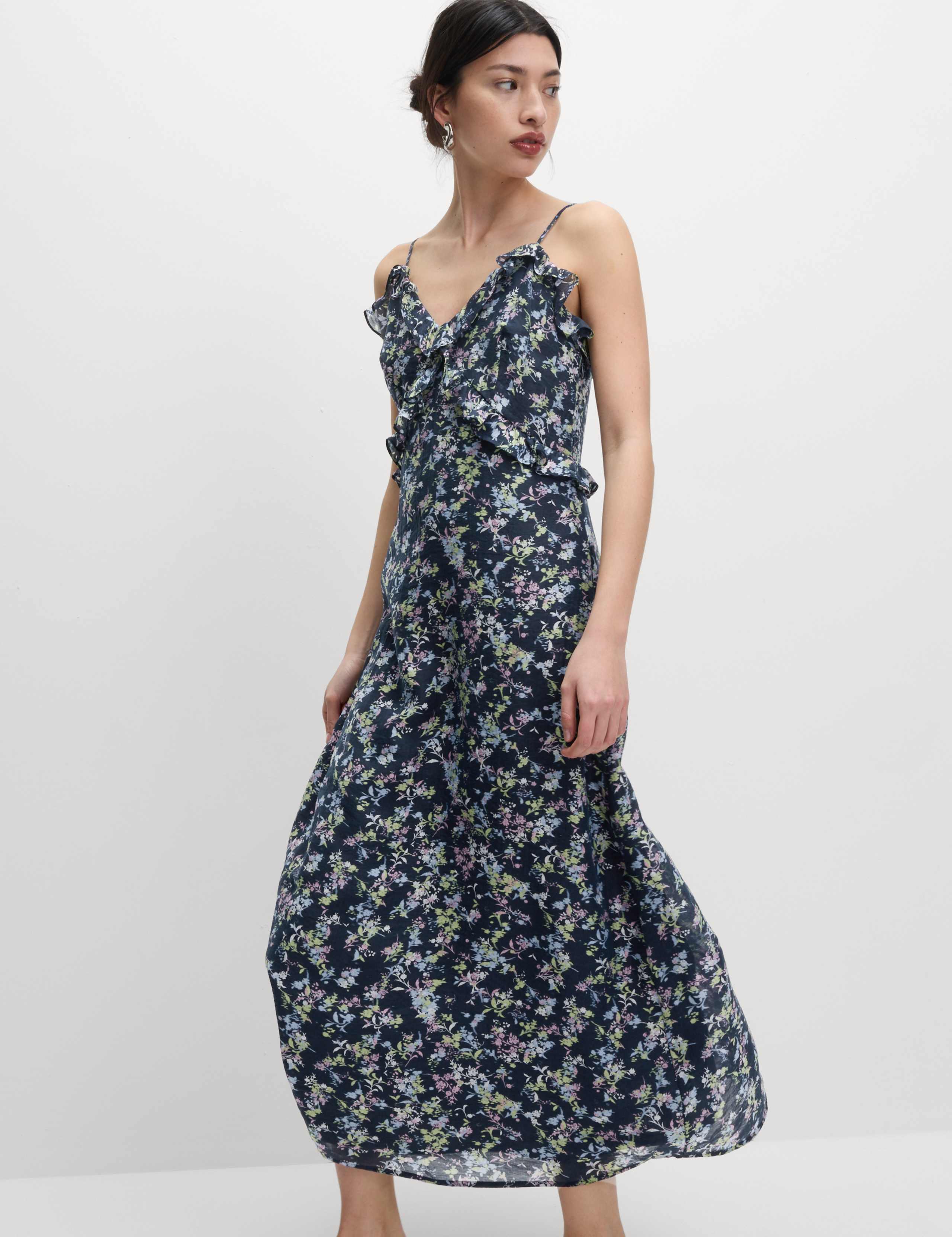 Lyocell Rich Printed Ruffle Midi Cami Dress