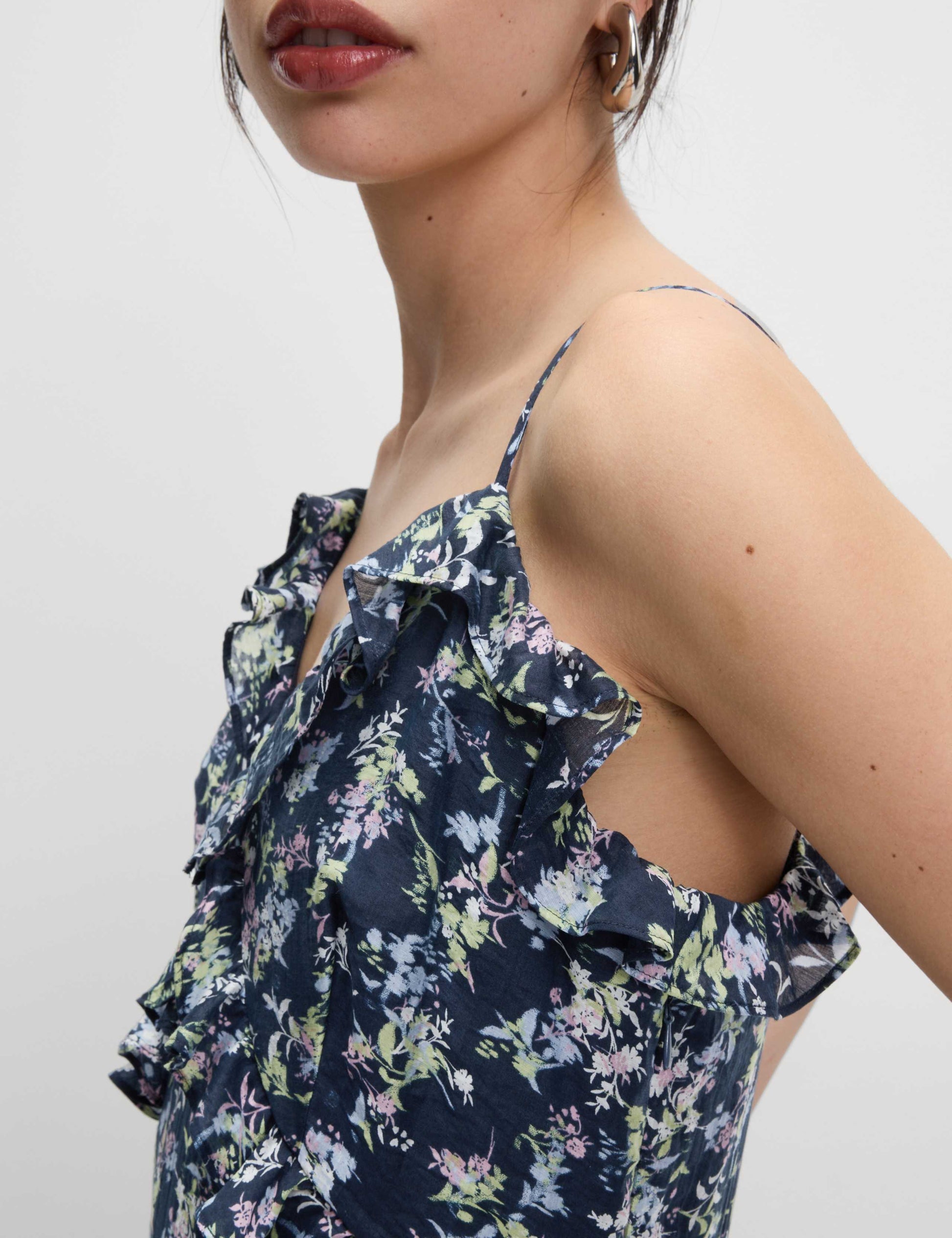 Lyocell Rich Printed Ruffle Midi Cami Dress