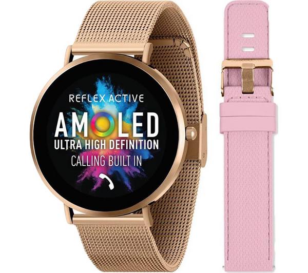 REFLEX ACTIVE Series 42 Smart Watch - Black with Rose Gold Mesh Strap & Pink Silicone Strap