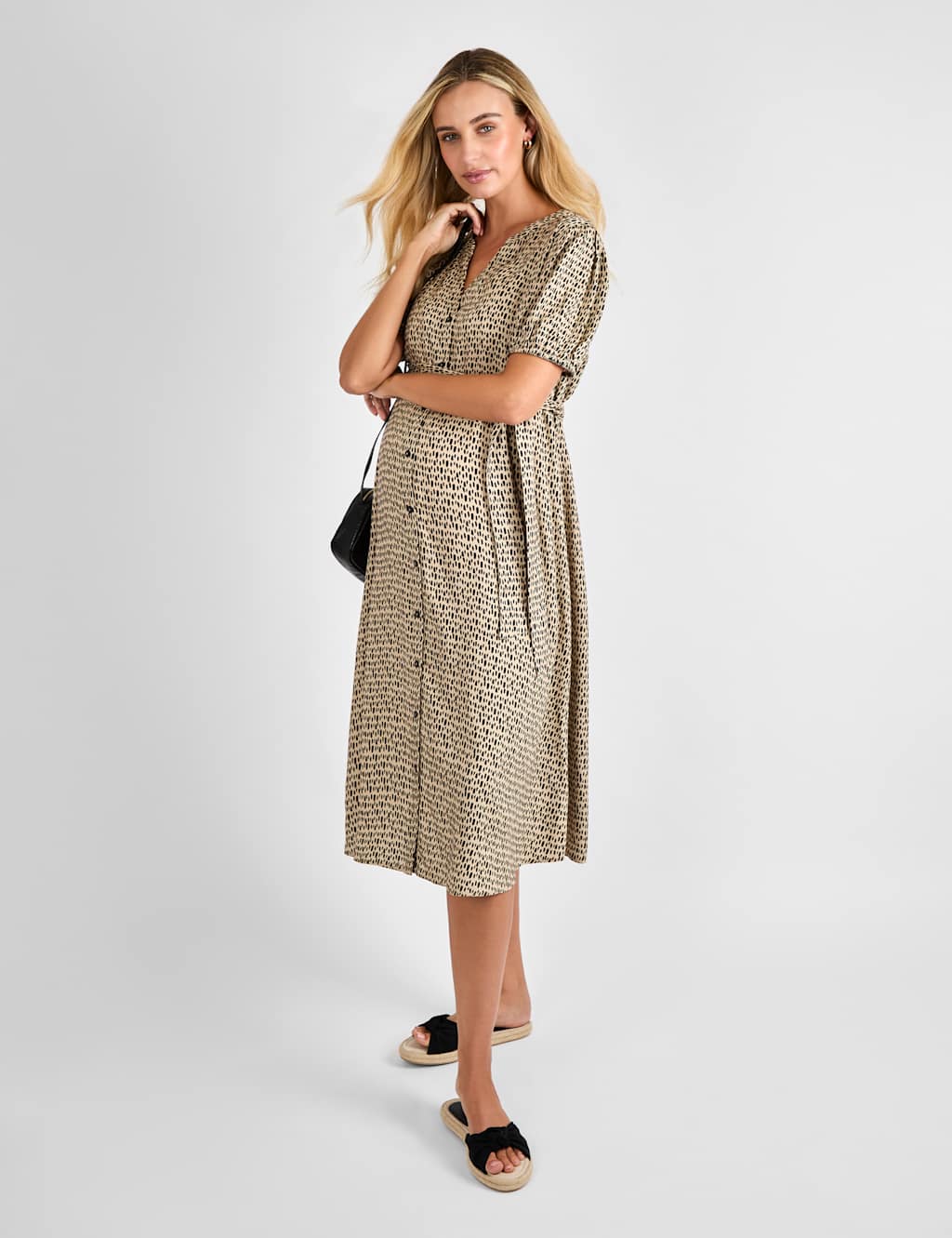 Maternity Printed Belted Midi Shirt Dress
