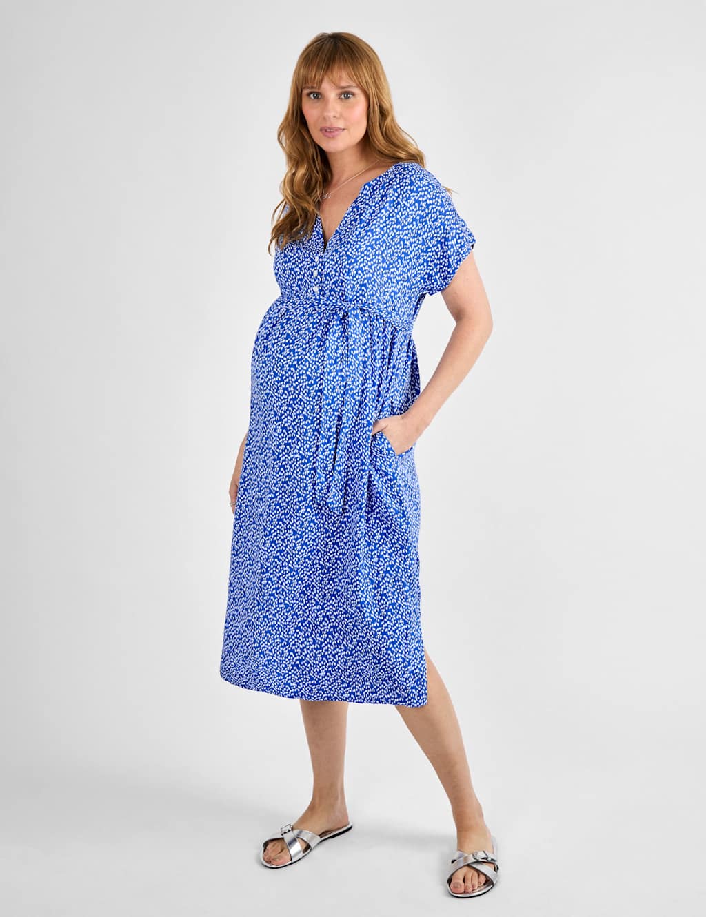 Maternity Printed Notch Neck Midi Dress