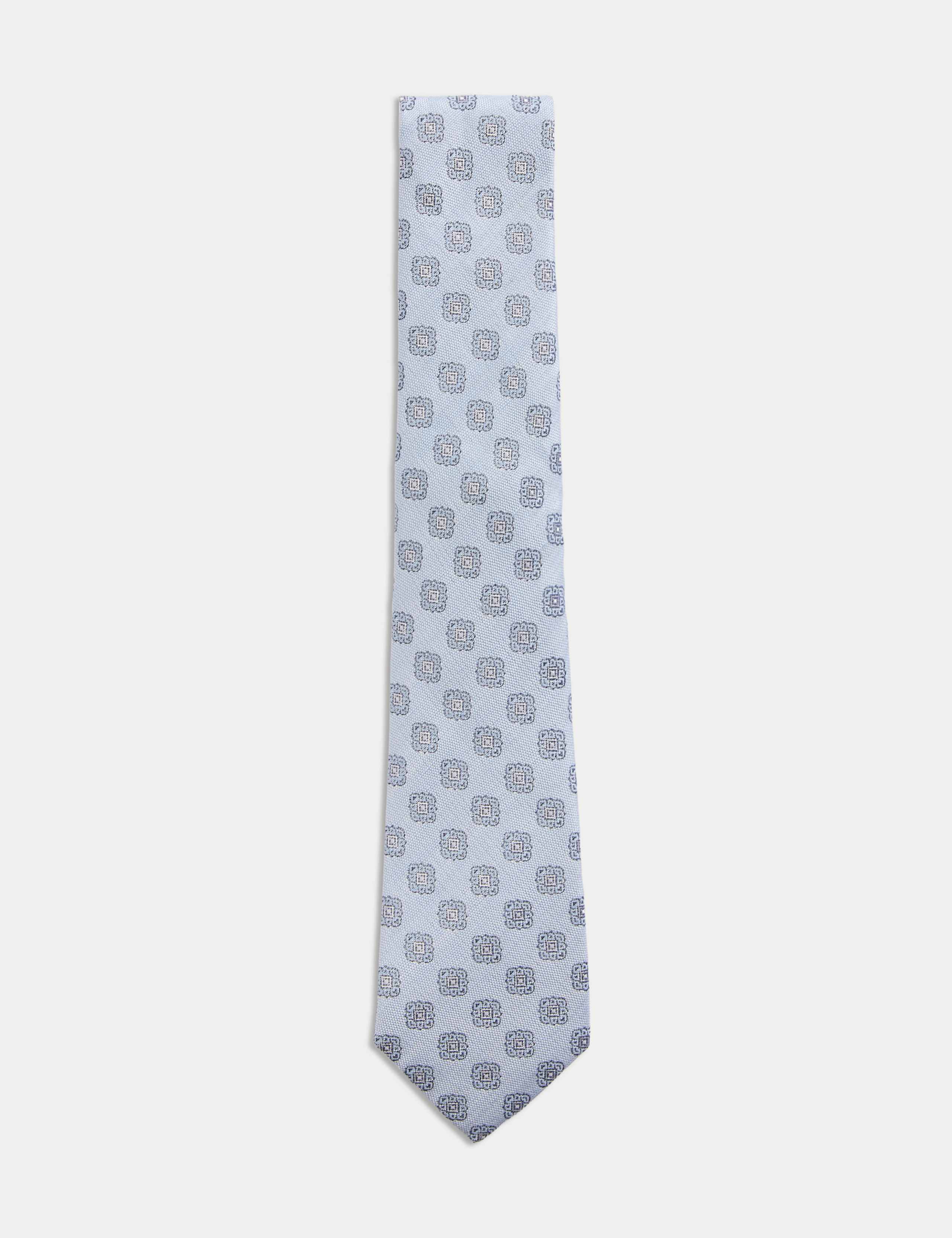 Medallion Linen Silk Blend Tie - Light Blue