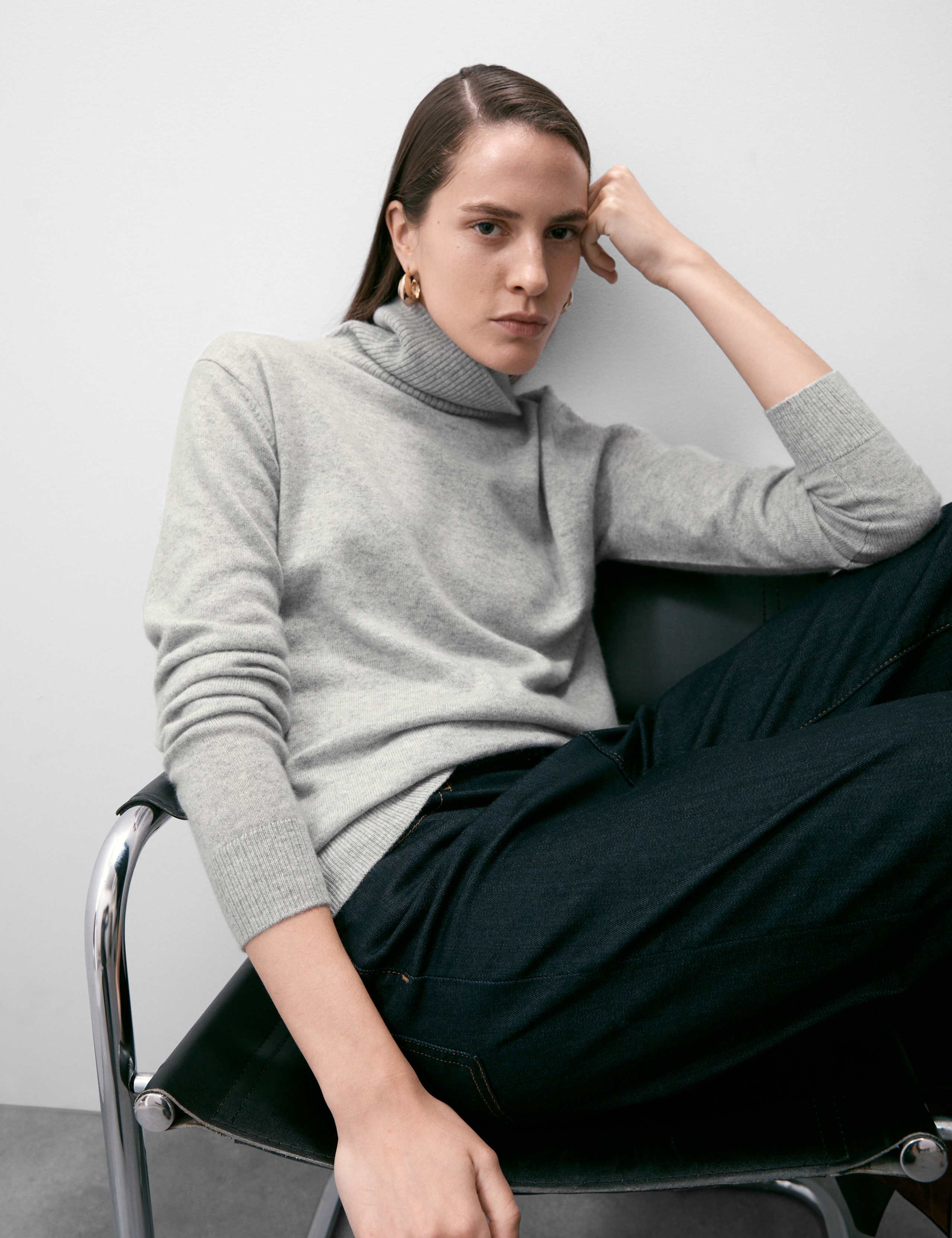 M&S Pure Cashmere Roll Neck Jumper - Mid Grey Marl