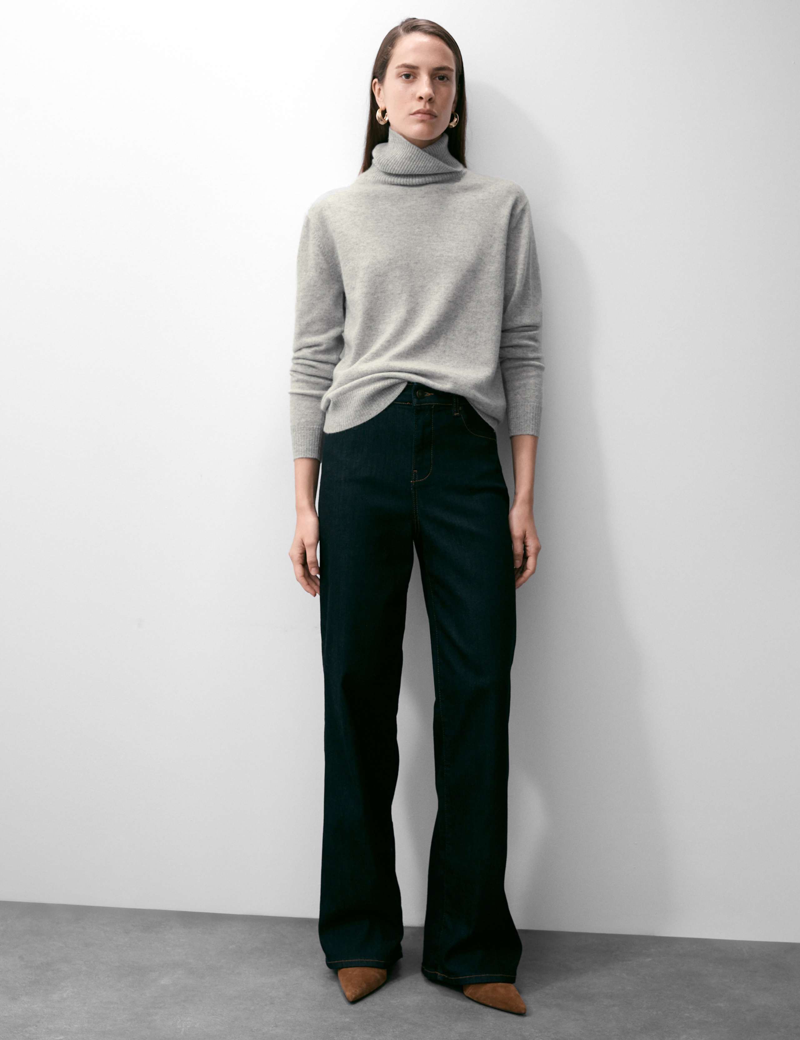 M&S Pure Cashmere Roll Neck Jumper - Mid Grey Marl