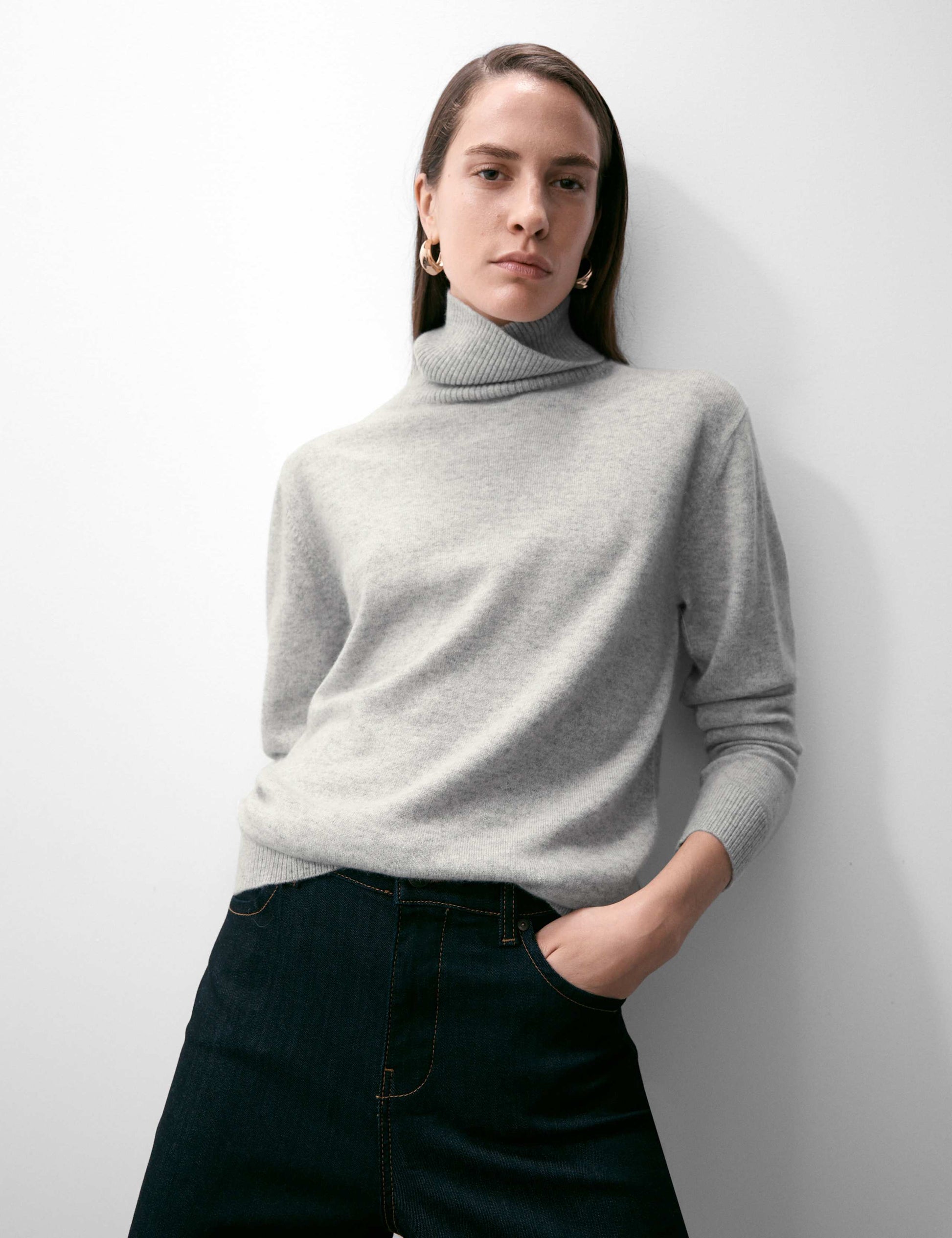 M&S Pure Cashmere Roll Neck Jumper - Mid Grey Marl