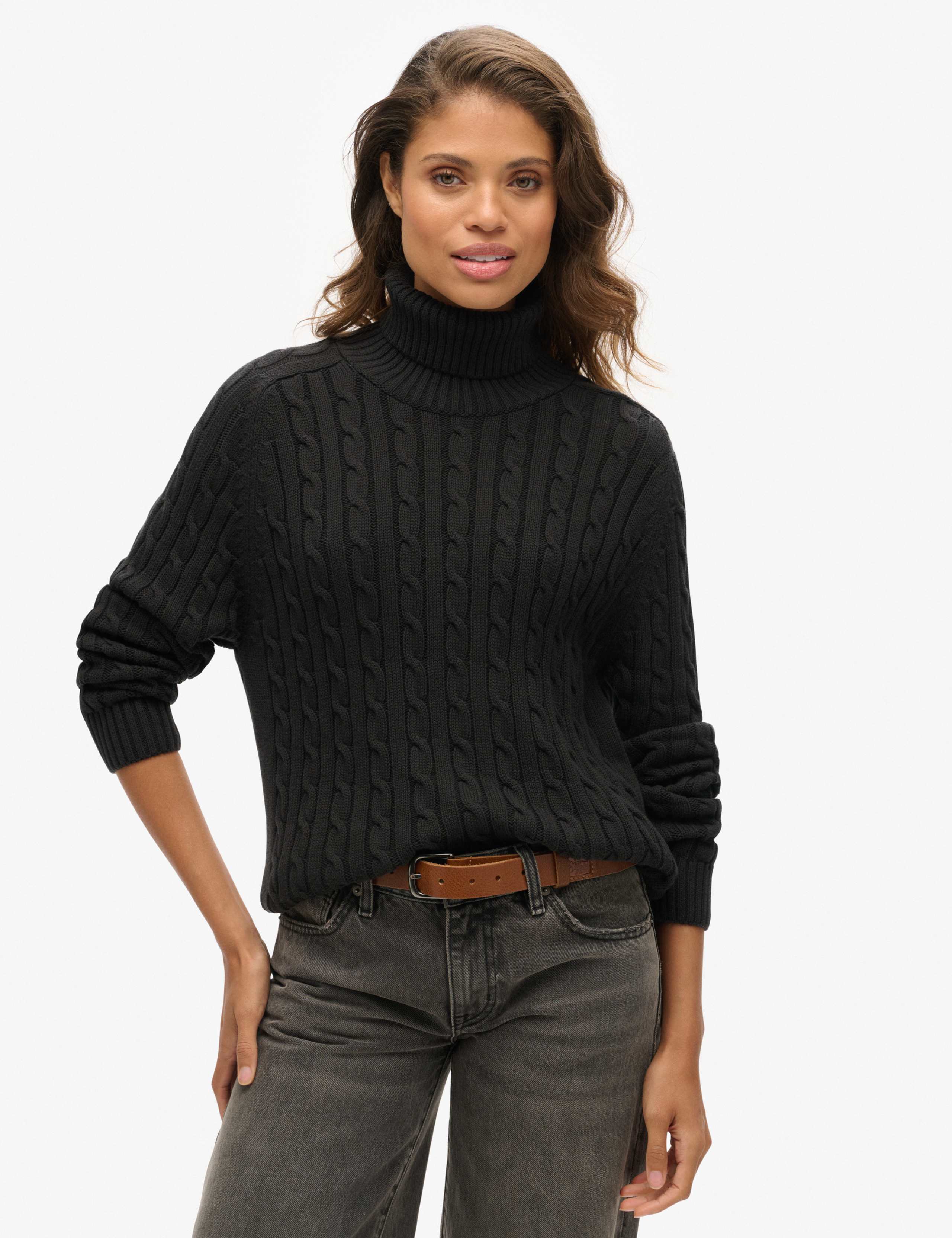 M&S Pure Cotton Cable Knit Roll Neck Jumper - Black