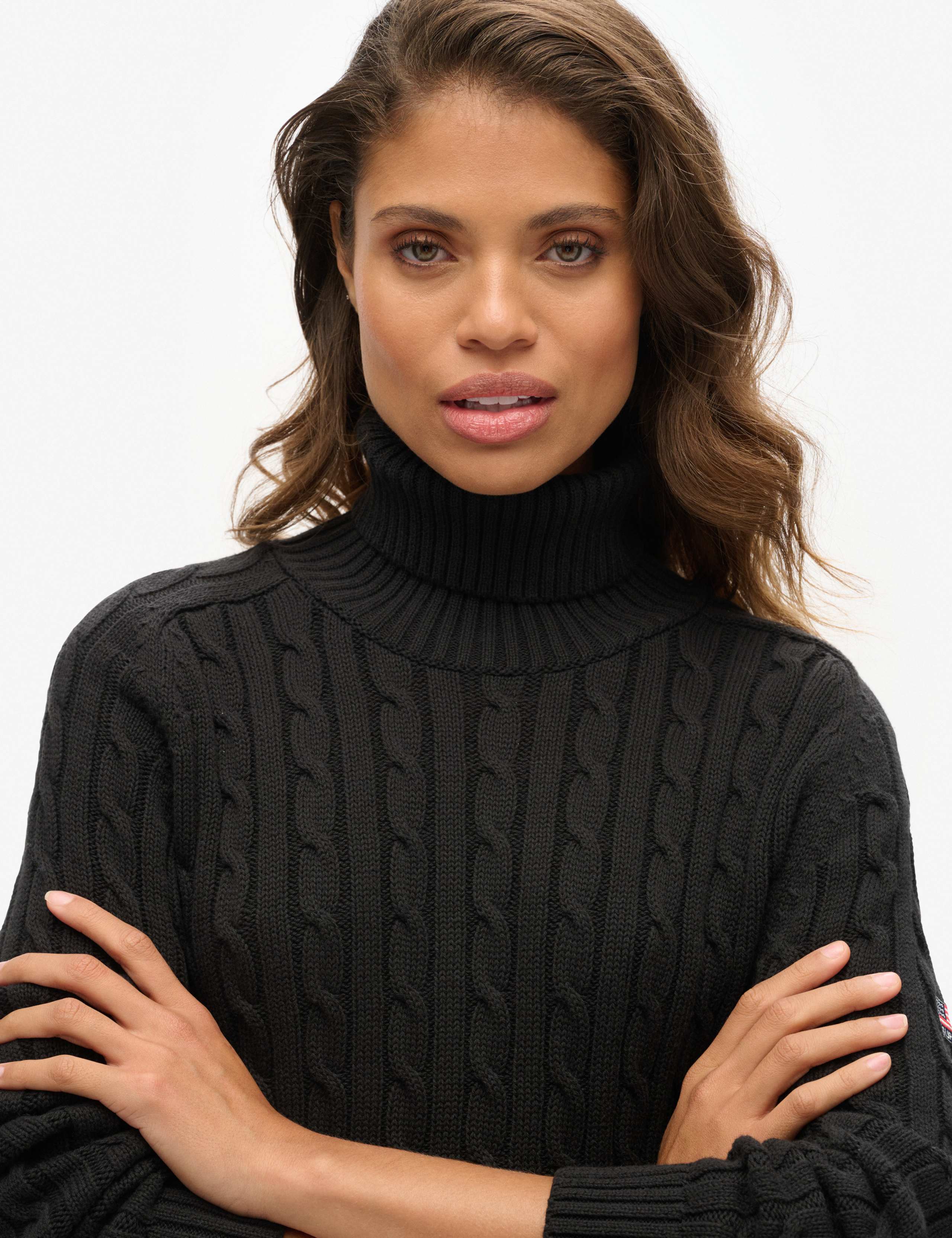 M&S Pure Cotton Cable Knit Roll Neck Jumper - Black