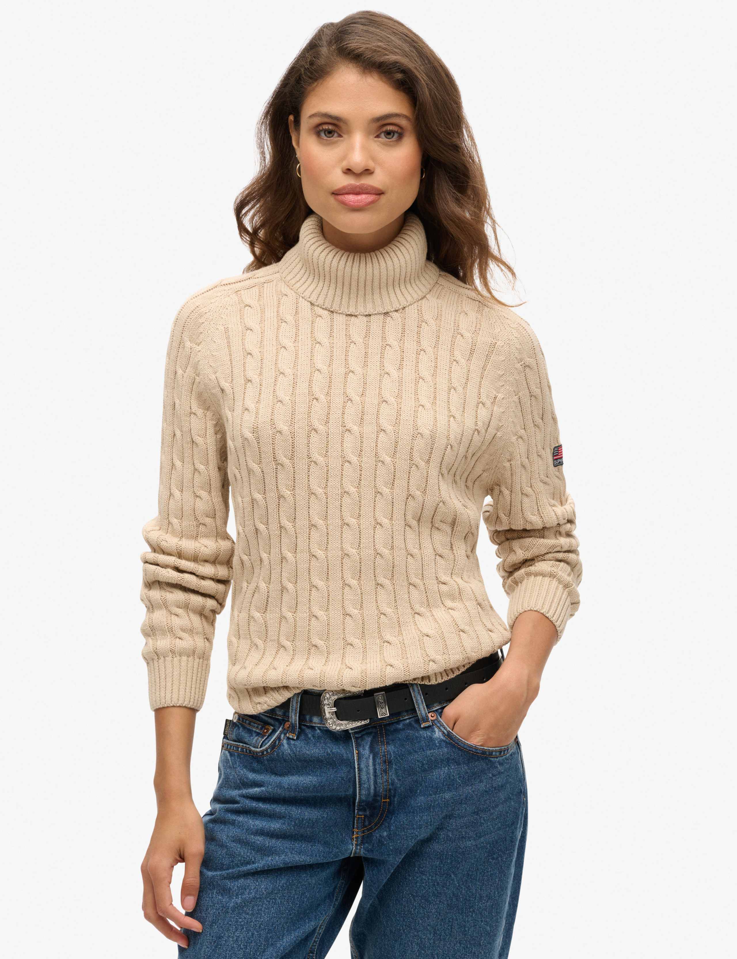 M&S Pure Cotton Cable Knit Roll Neck Jumper - Beige